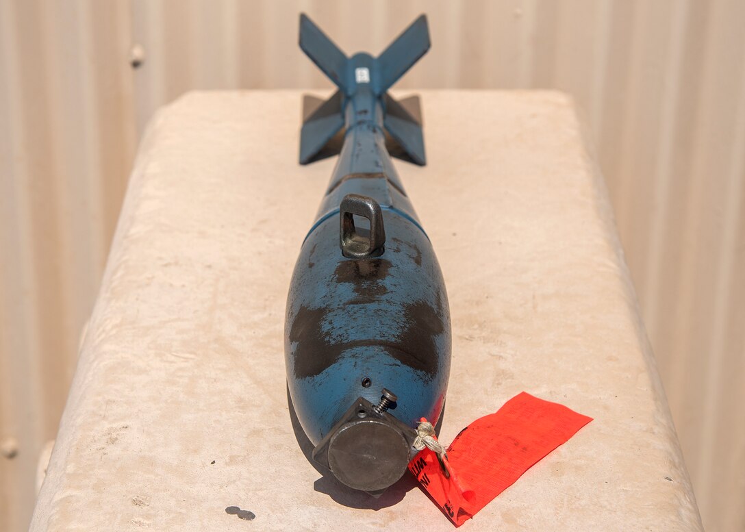 The BDU-33 is a 25-pound training munition used to simulate the M1a-82 500-pound bomb. It is approximately 22 and a half inches long and is blue in color. Although the training munition is inert, it is equipped with a small pyrotechnic charge and should not be handled. (U.S. Air Force photo by Airman 1st Class Eugene Oliver)