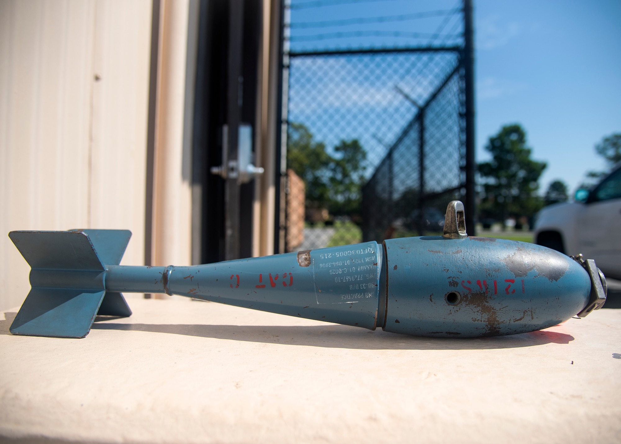 The BDU-33 is a 25-pound training munition used to simulate the M1a-82 500-pound bomb. It is approximately 22 and a half inches long and is blue in color. Although the training munition is inert, it is equipped with a small pyrotechnic charge and should not be handled. (U.S. Air Force photo by Airman 1st Class Eugene Oliver)