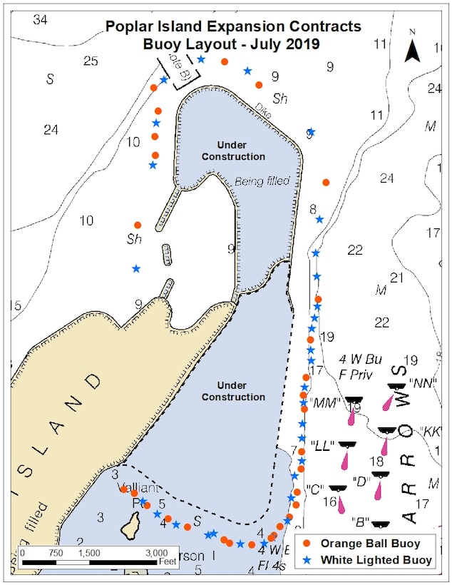 A map depicting the Poplar Island Expansion Buoy Layout.  Updated July 2019.