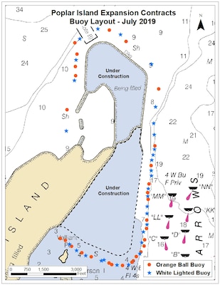 A map depicting the Poplar Island Expansion Buoy Layout.  Updated July 2019.