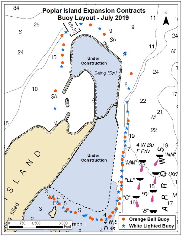 A map depicting the Poplar Island Expansion Buoy Layout.  Updated July 2019.