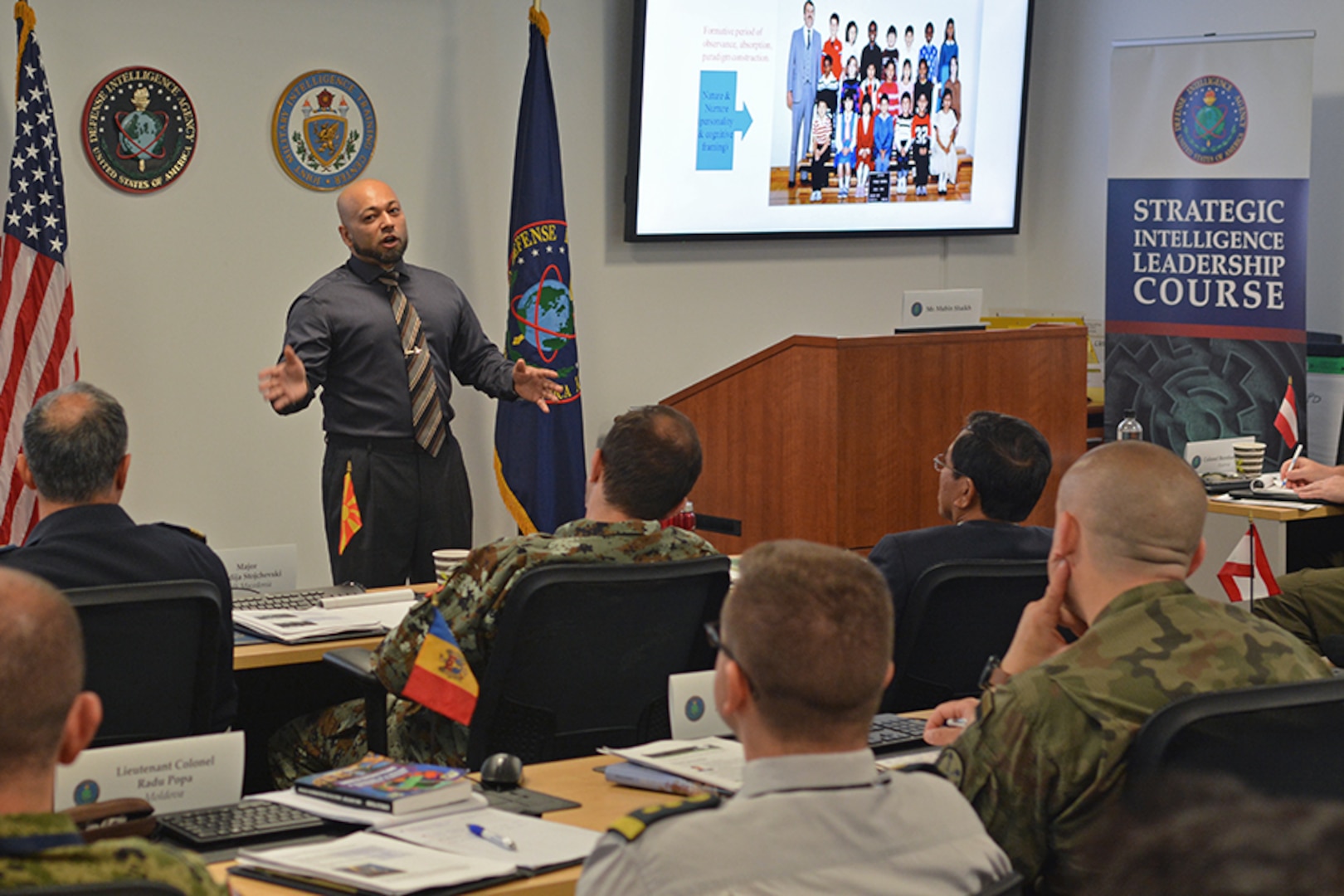 Mubin Shaikh shared with DIA's Strategic Intelligence Leadership Course his story of being a reformed extremist, who helped dismantel terrorist cells. (Photo by Ally Rogers, OCC)