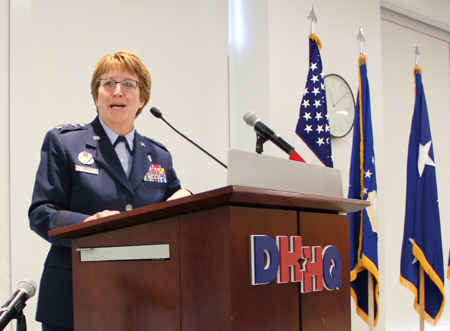 U.S. Air Force Surgeon General, Lt. Gen. Dorothy Hogg, speaks at the official activation of Air Force Medical Readiness Agency, at Defense Health Headquarters, Falls Church, Virginia, June 28, 2019.