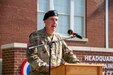 Maj. Gen. John P. Sullivan, commanding general, 1st Theater Sustainment Command (TSC), addresses the audience during his speech at the 1st TSC change of command ceremony held July 2, 2019 outside Fowler Hall at Fort Knox, Ky.