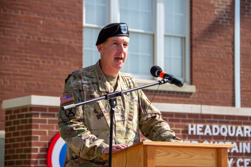 Maj. Gen. John P. Sullivan, commanding general, 1st Theater Sustainment Command (TSC), addresses the audience during his speech at the 1st TSC change of command ceremony held July 2, 2019 outside Fowler Hall at Fort Knox, Ky.