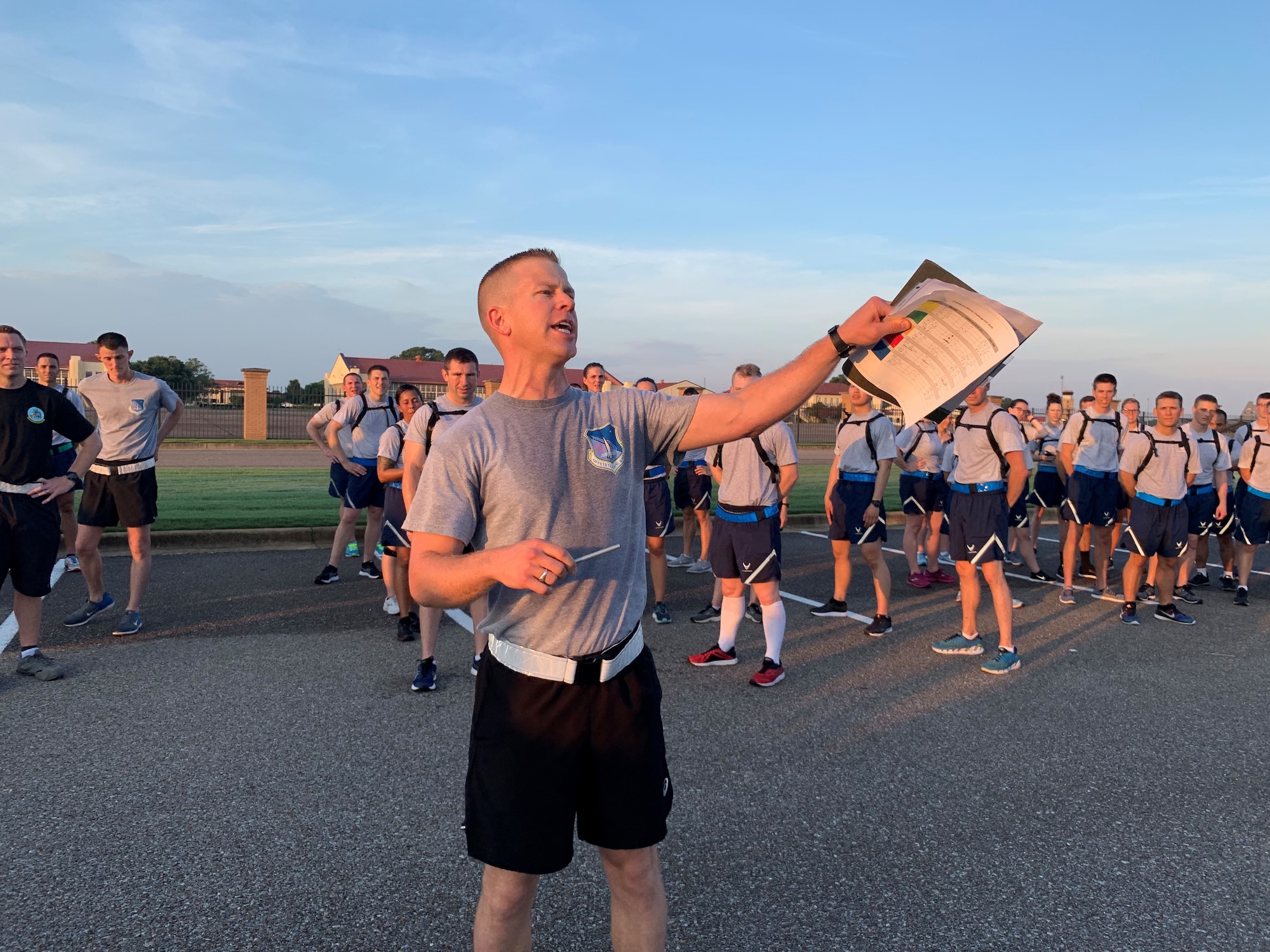 Capt. Dan Hochhalter, Officer Training School instructor, shouts to trainees during a physical training session at Maxwell Air Force Base, Alabama.