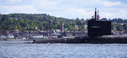 HER MAJESTY’S NAVAL BASE CLYDE, Scotland (July 2, 2018) The Ohio-class ballistic missile submarine USS Alaska (SSBN 732) arrives at Her Majesty’s Naval Base Clyde, Scotland, for a scheduled port visit July 2, 2019. The port visit strengthens cooperation between the United States and United Kingdom, and demonstrates U.S. capability, flexibility, and continuing commitment to NATO allies.