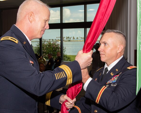 GALVESTON, Texas (July 2, 2019) – Col. Lars Zetterstrom passes the command of the U.S. Army Corps of Engineers Galveston District to Col. Timothy Vail during a change of command ceremony today at the USACE Galveston District’s Jadwin Building in Galveston, Texas. USACE Southwestern Division Commander Brig. Gen. Paul Owen presided over the ceremony. The USACE Galveston District was established in 1880 and continues to provide vital public engineering services in peace and war to strengthen our nation’s security, energize the economy and reduce risks from disasters