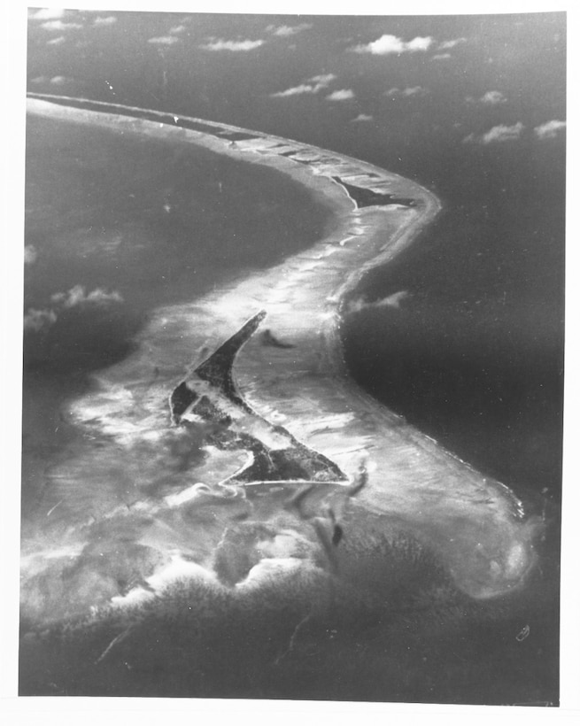 The Z-shaped Tarawa Atoll is seen from the sky with ocean all around it.
