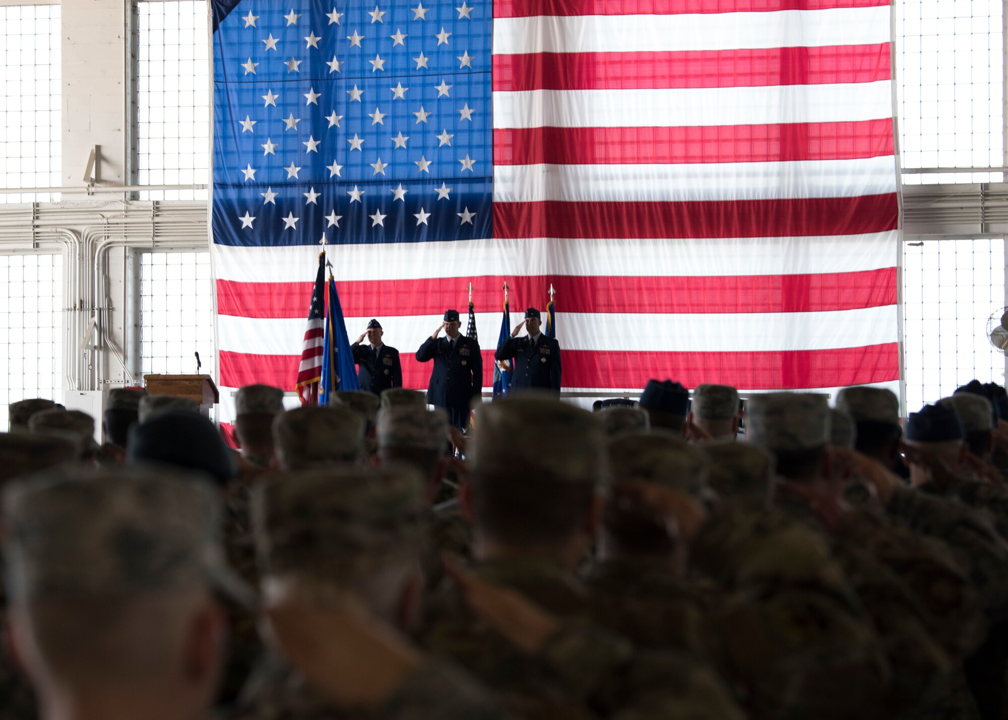 Maj. Gen. Andrew Croft, 12th Air Force (Air Forces Southern) commander, Col. Joe Kunkel, former 366th Fighter Wing commander, and Col. Richard Goodman, 366th FW commander, salute during the 366th FW change of command ceremony July 2, 2019, at Mountain Home Air Base, Idaho. Croft presided over the ceremony where Goodman took command of the 366th FW from Kunkel. (U.S. Air Force photo by Airman First Class Andrew Kobialka)