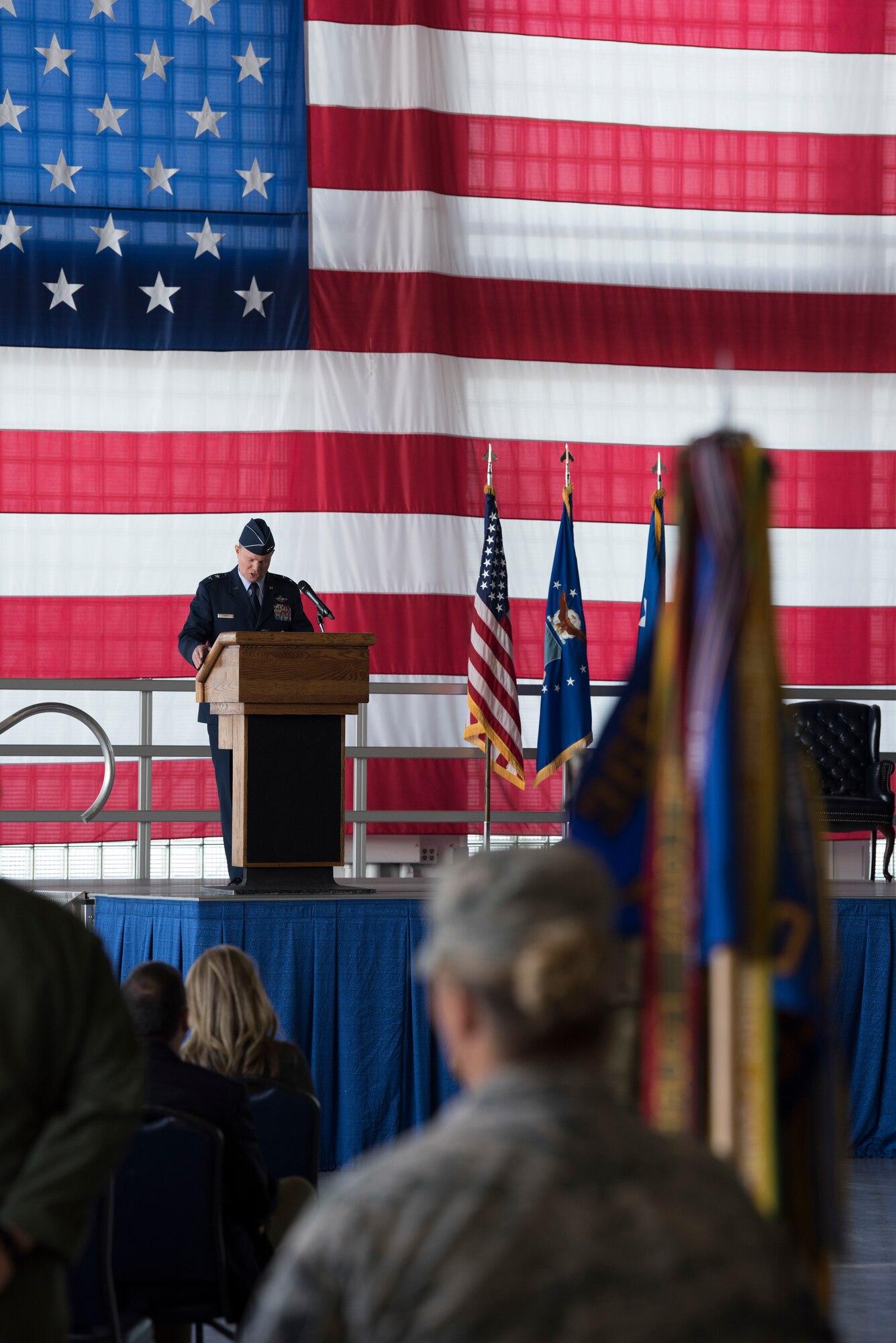 Maj. Gen. Andrew Croft, 12th Air Force (Air Forces Southern) commander, gives opening remarks during the 366th Fighter Wing change of command ceremony July 2, 2019, at Mountain Home Air Base, Idaho. Croft presided over the ceremony where Col. Richard Goodman, 366th Fighter Wing, took command of the 366th FW from Col. Joe Kunkel, former 366th FW commander. (U.S. Air Force photo by Airman First Class Andrew Kobialka)