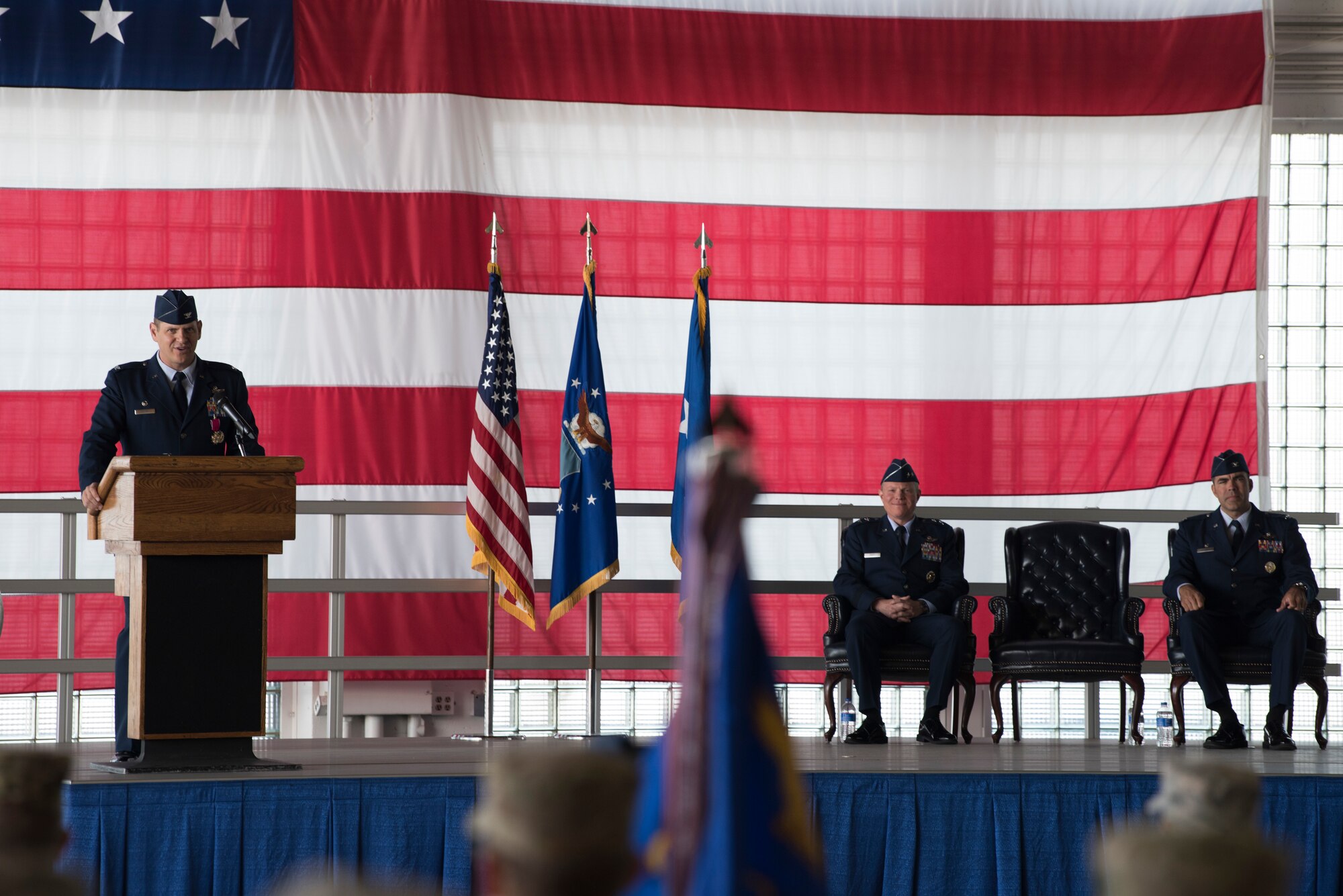 Col. Joe Kunkel, former 366th Fighter Wing commander, gives his departing remarks during the 366th FW change of command ceremony July 2, 2019, at Mountain Home Air Base, Idaho. Kunkel held command over the 366th FW during the span of two years. (U.S. Air Force photo by Airman First Class Andrew Kobialka)
