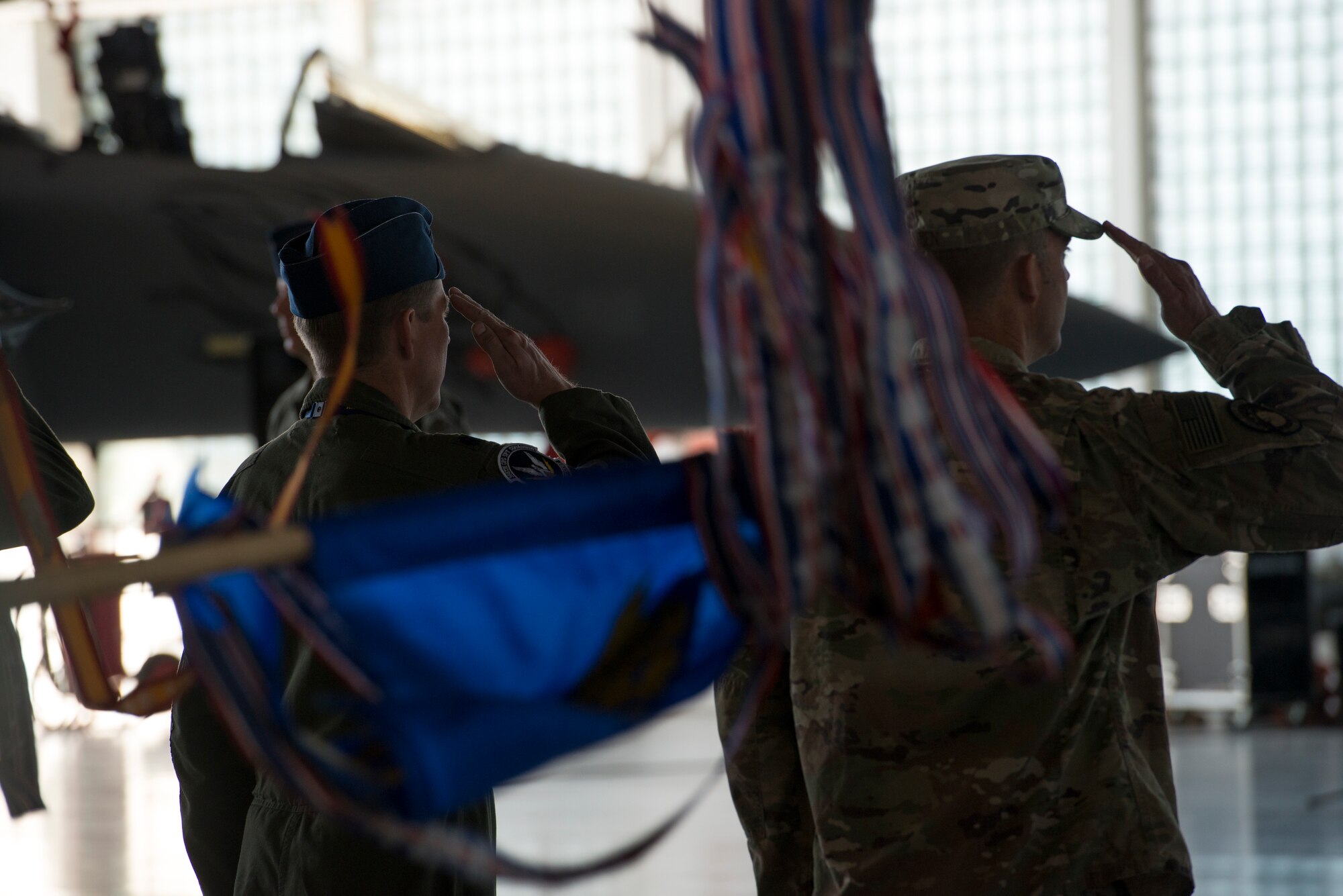 366th Fighter Wing Airmen render a first salute to Col. Richard Goodman, 366th FW commander, July 2, 2019, at Mountain Home Air Force Base, Idaho. The 366th FW welcomed Goodman as the new commander during the change of command ceremony. (U.S. Air Force photo by Senior Airman JaNae Capuno)