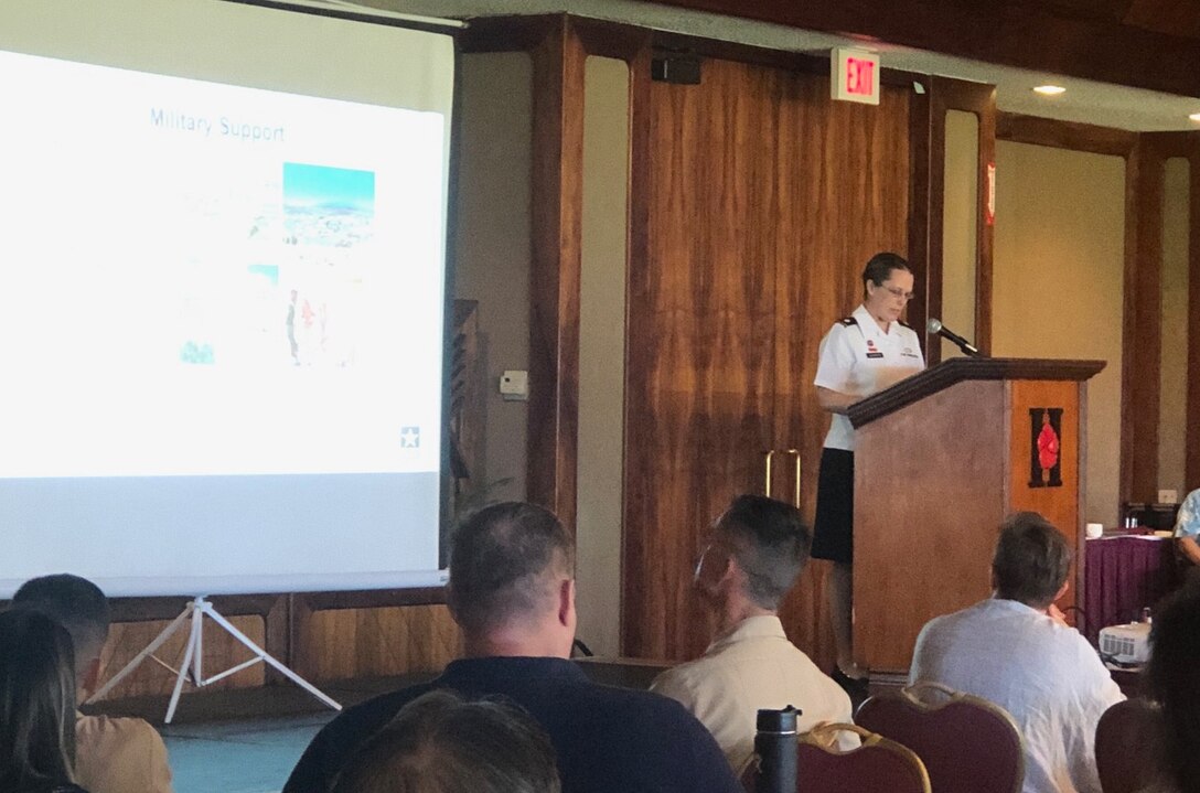During the 17th Annual Hawaii Small Business forum June 18, 2019, Honolulu District Commander Lt. Col. Kathryn P. Sanborn provides a general overview of doing business with the District.  The Forum brings together representatives from other government agencies discussing contracting opportunities and updates to small businesses looking to start or expand opportunities as a government contractor.