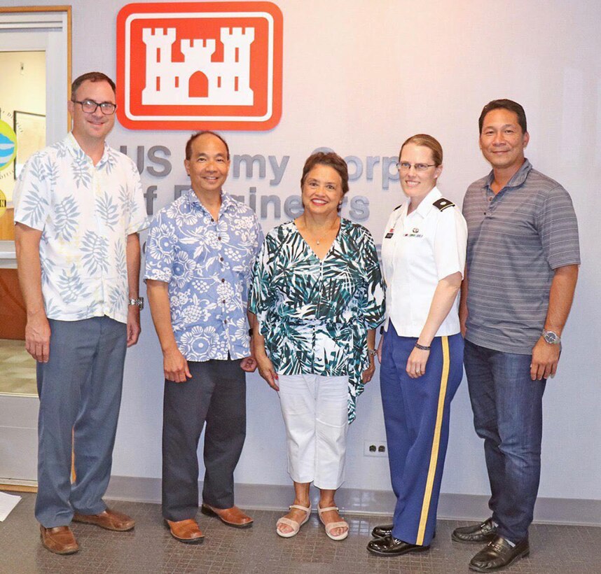 Honolulu District Commander Lt. Col. Kathryn Sanborn met  with new Guam Gov. Lou Leon Guerrero (center)at District headquarters to provide an overview on the District’s capabilities and to discuss opportunities for moving forward on future project initiatives. Also attending the meeting was Honolulu District Deputy District Engineer for Programs and Project Management Steve Cayetano, Honolulu District Chief, Civil & Public Works branch Mike Wyatt (left) and Gov. Guerrero’s Chief of Staff Tony Babauta