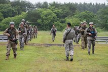 Airmen with the 35th Logistics Readiness Squadron practice formation drills during an agile combat employment exercise at Misawa Air Base, Japan, June 28, 2019. The members practiced shooting techniques at “Camp Defender,” where they learned how to move, shoot and communicate during realistic training scenarios. (U.S. Air Force photo by Staff Sgt. Brittany A. Chase)