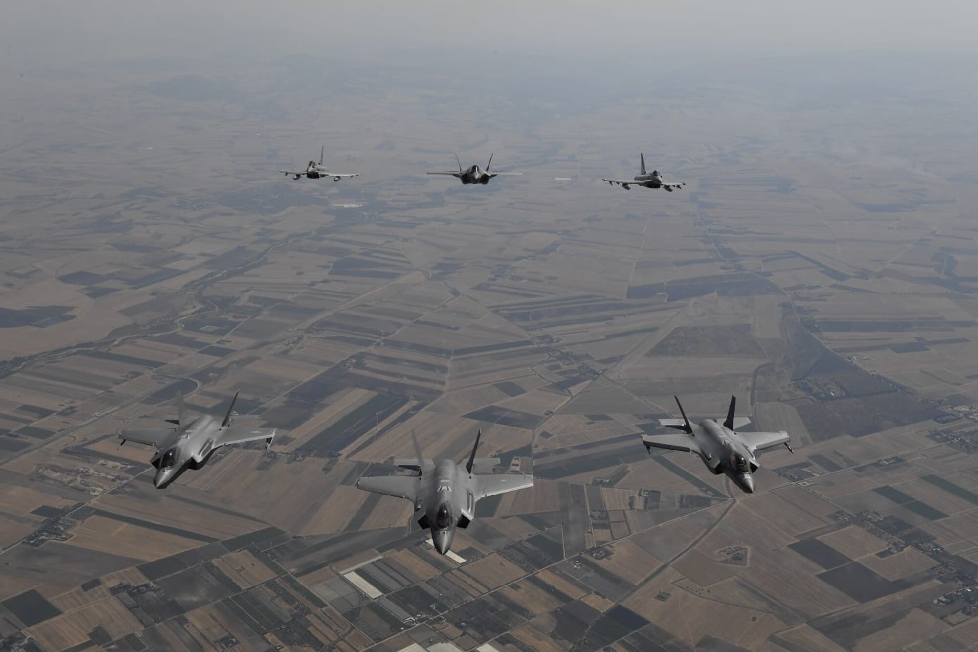 U.S. Air Force F-35A Lightning II aircraft conduct bilateral training with Italian air force F-35s over Italy, July 2, 2019. The U.S. F-35s are deployed to Europe from the 388th Fighter Wing and Reserve 419th FW at Hill Air Force Base, Utah, to conduct training with NATO allies and partners allowing U.S. forces to improve interoperability, readiness, and familiarize aircrews with the European theater. (Courtesy photo)
