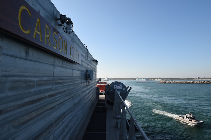 USNS Carson City departs Naval Station Rota, Spain for a 2019 Africa Partnership Station deployment, July 2, 2019.