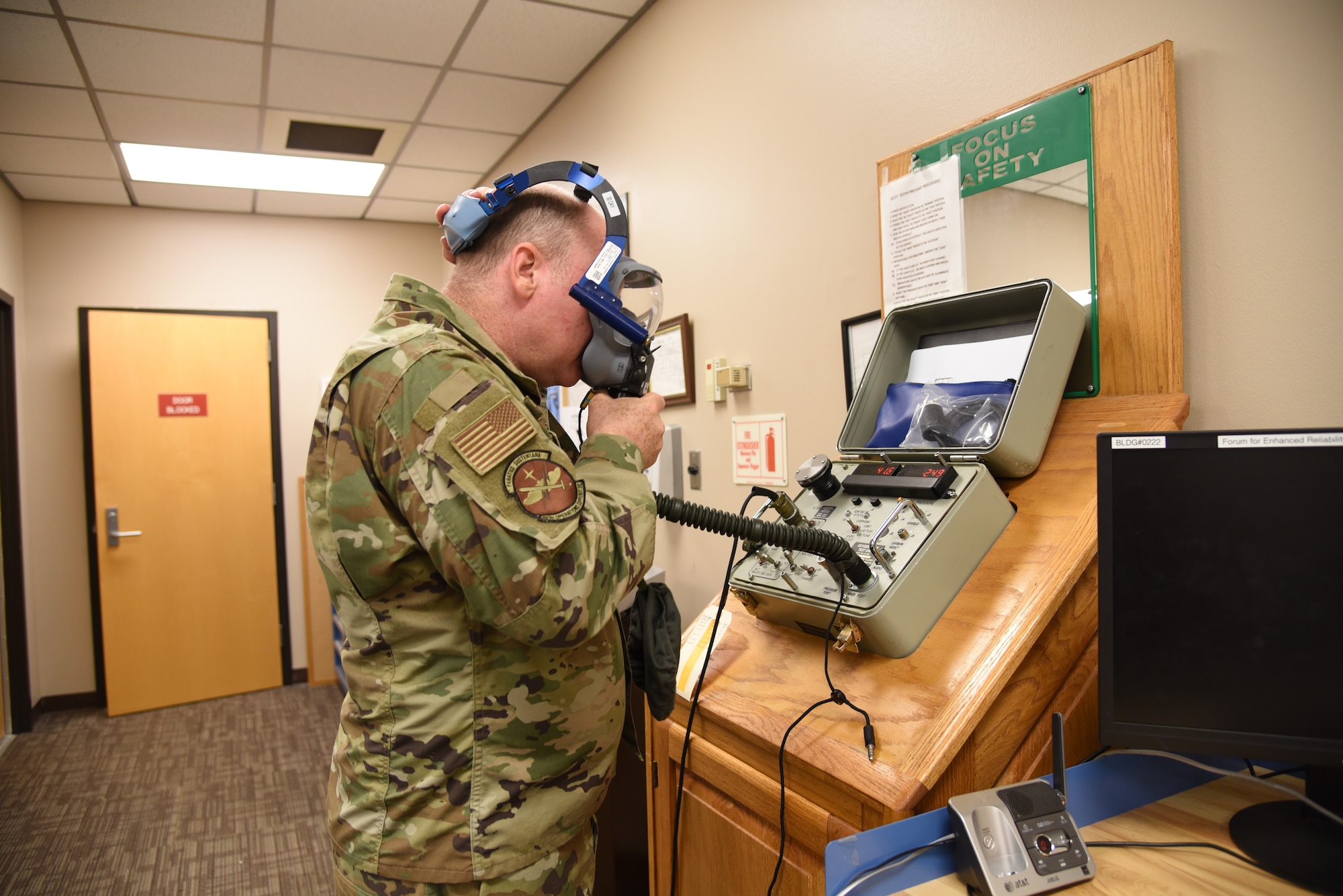 Tech. Sgt. Ronald Patton, 403rd Operation Support Squadron aircrew flight equipment craftsman, checks the air flow on the recently received new anti-smoke goggles for the C-130J Super Hercules aircraft, which are replacing the current system that has been used for more than 20 years at Keesler Air Force Base, Mississippi. The new ASGs are an easier quick don system, that now has the eye piece and nose/mouth cover as one single piece, similar to those used by firefighters, and will be in place on the aircraft by the middle of August 2019. (U.S. Air Force photo by Jessica L. Kendziorek)