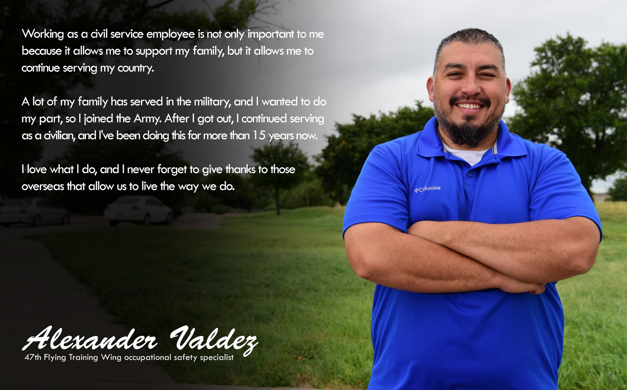 Alexander Valdez, 47th Flying Training Wing occupational safety specialist, was a soldier before he became a civil service employee, and he is proud of his roots. Thumbing through his collection of film pictures from a 2003 deployment, it’s easy to see his passion for serving; that’s why he chose to continue his service on the civilian side of the house. Now, Valdez has been serving Laughlin Air Force Base; Del Rio, Texas; and the United States of America for more than 15 years. (U.S. Air Force graphic by Staff Sgt. Benjamin N. Valmoja)