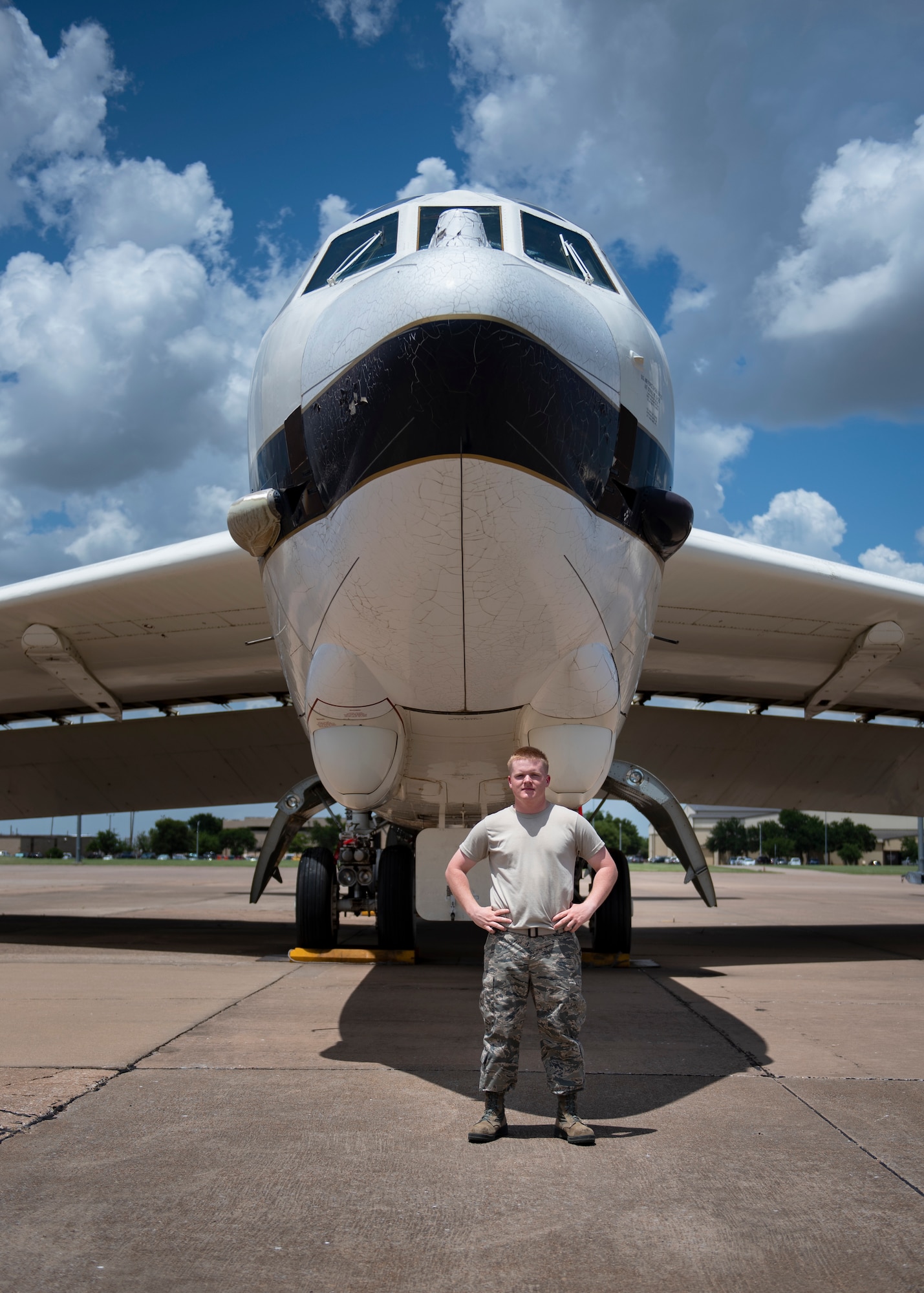 Airman Brycen Brooks, 362nd Training Squadron B-52 crew chief apprentice course student, poses for a picture in front of a B-52 Stratofortress at Sheppard Air Force Base, Texas, July 2, 2019. Brooks is originally from Warner Robins, Georgia. His favorite part about his job is that he gets to work on an aircraft and even just learning about it is  enjoyable. When asked about his favorite aircraft he said "B-52 all the way." (U.S. Air Force photo by Airman 1st Class Pedro Tenorio)
