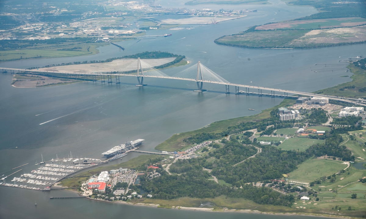 A C-17 Globemaster III from the 315th Airlift Wing at Joint Base Charleston, S.C. circles around the Charleston Harbor July 2, 2019.