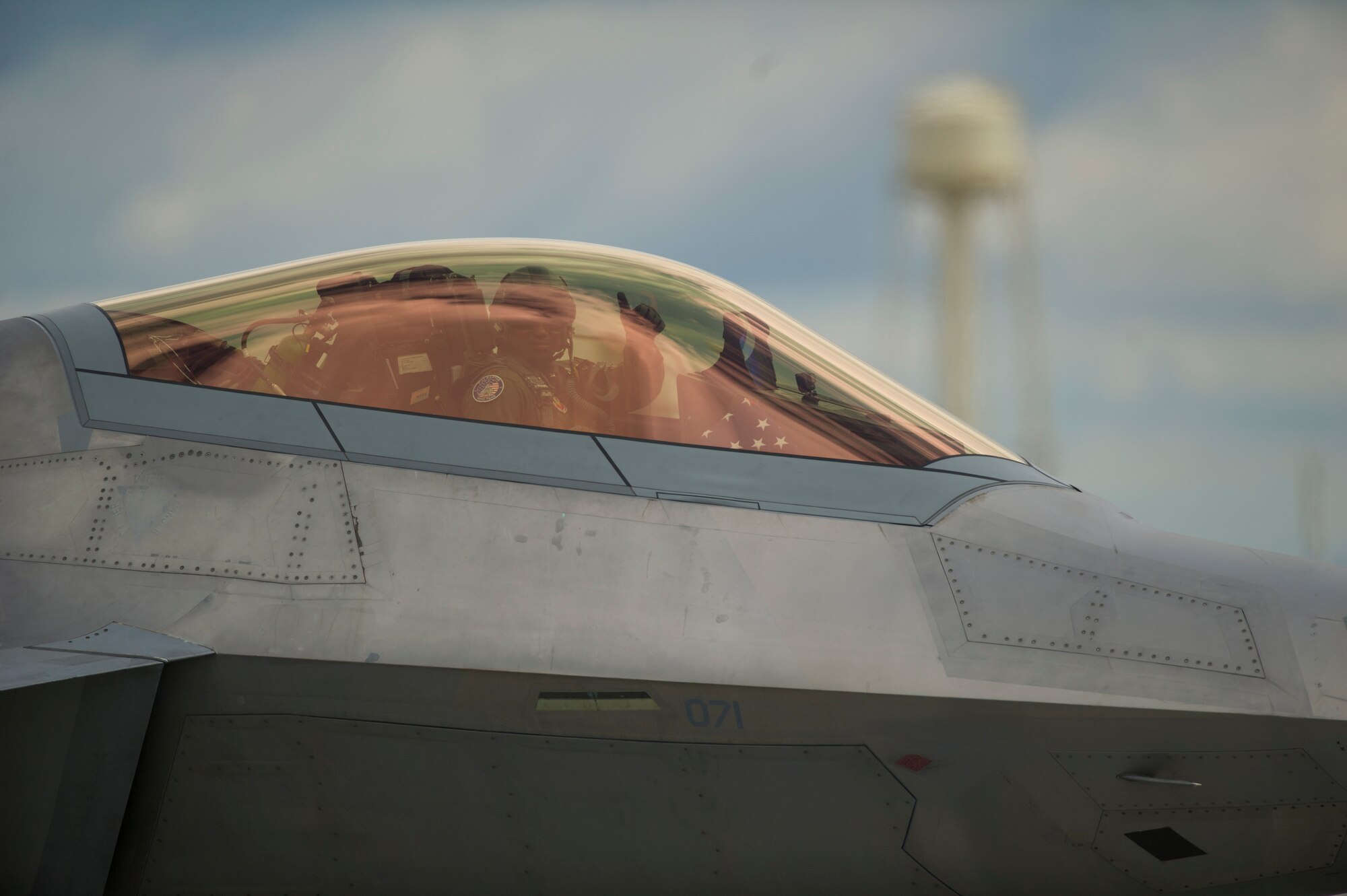 U.S. Air Force Maj. Paul "Loco" Lopez, F-22 Raptor Demo Team Pilot, gives a thumbs-up before take-off at the 2019 Skyfest Skyfest Open House and Air Show at Fairchild Air Force Base, Washington, June 22, 2019. Skyfest 2019 offered a unique view of Team Fairchild’s role in enabling Rapid Global Mobility for the U.S. Air Force. The show featured more than 13 aerial acts and 16 static display aircraft, as well as other attractions and displays. (U.S. Air Force photo by Senior Airman Ryan Lackey)