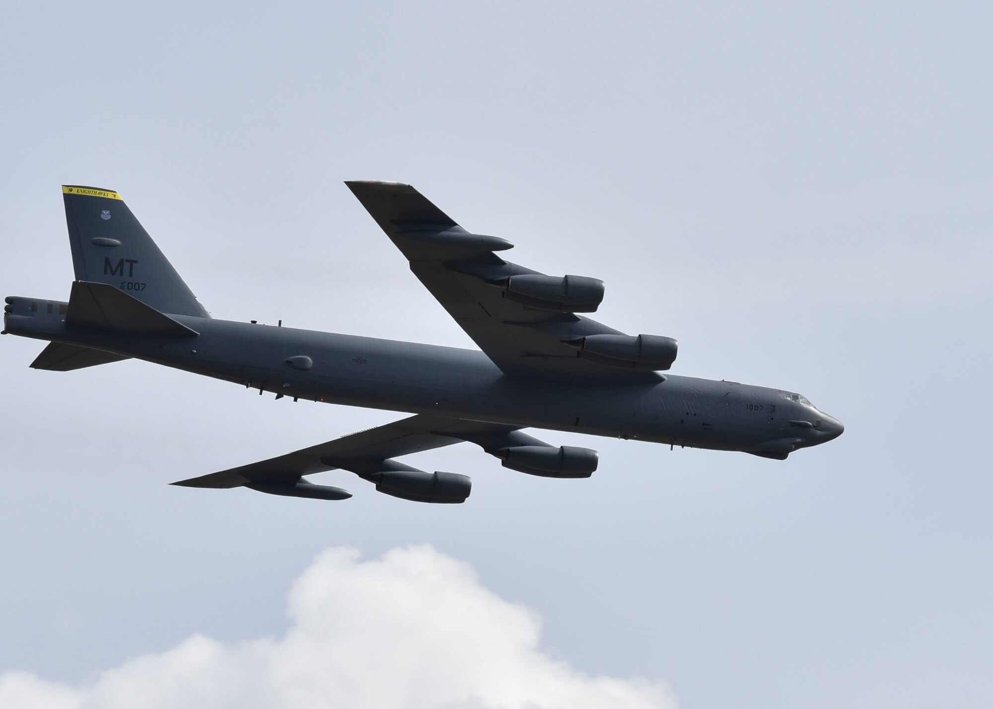 A B-52 Stratofortress conducts a fly-over during the Skyfest 2019 Open House and Airshow at Fairchild Air Force Base, Washington, June 22, 2019. Fairchild opened its gates to the public for a free one-day event to showcase Pacific Northwest airpower and U.S. Air Force capabilities. The airshow included the F-22 Demonstration Team, U.S. Army Golden Knights and 11 other aerial acts. (U.S. Air Force photo by Airman Kiaundra Miller)
