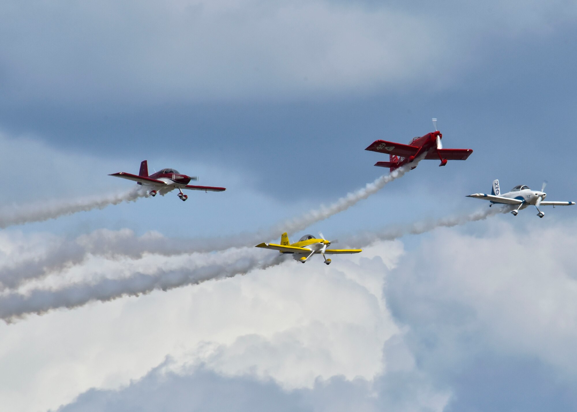 The Lightning Formation Airshows demonstration team performs an aerial demonstration as the final performer for the 2019 Skyfest Open House and Airshow  on Fairchild Air Force Base, Washington, June 22, 2019. Skyfest 2019 offered a unique view of Team Fairchild’s role in enabling Rapid Global Mobility for the U.S. Air Force. The show featured more than 13 aerial acts and 16 static display aircraft, as well as other attractions and displays. (U.S. Air Force photo by Airman Kiaundra Miller)