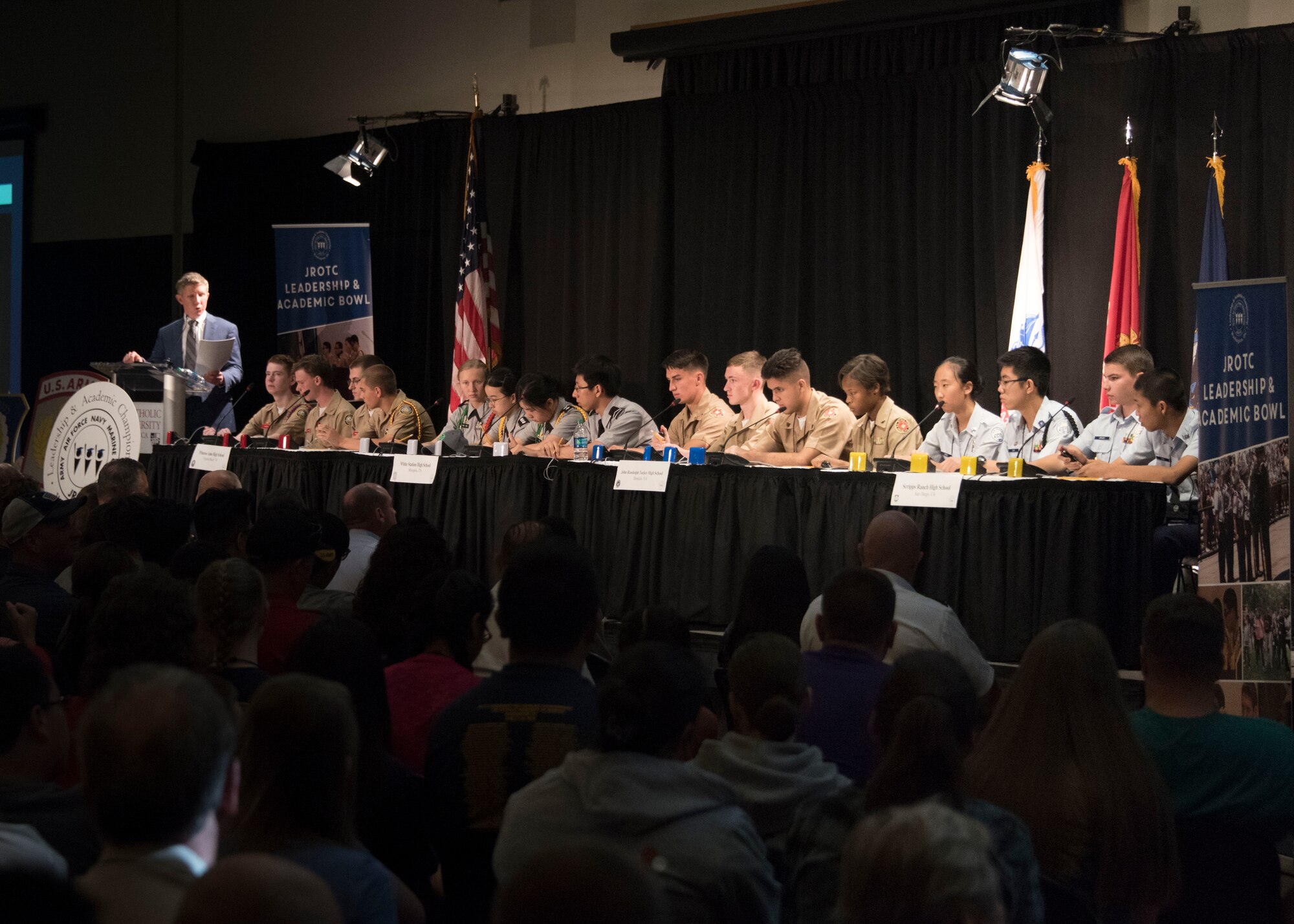 Junior Reserve Officer Training Corps teams representing different military branches compete in the 8th Annual Joint Service Academic Bowl, in Washington, D.C., June 23, 2019. The JROTC teams competed in the Academic Bowl over Math, Science, English and JROTC curriculum. (Air Force Photo by Staff Sgt. Jared Duhon)