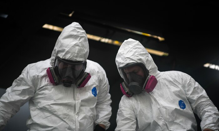 Airman 1st Class Austin Plaugher and Senior Airman Spencer Coole, aircraft structural maintenance technicians from the 437th Maintenance Squadron, prepare to apply the outer coating of aircraft paint to a C-17 Globemaster III July 2, 2019 at Joint Base Charleston, S.C. The technicians at JB Charleston maintain C-17s in support of maintaining a global reach airlift capability. Structural maintenance technicians advise on and maintain the structural and low observable repair, modification and corrosion protection treatment of various types of aircraft.