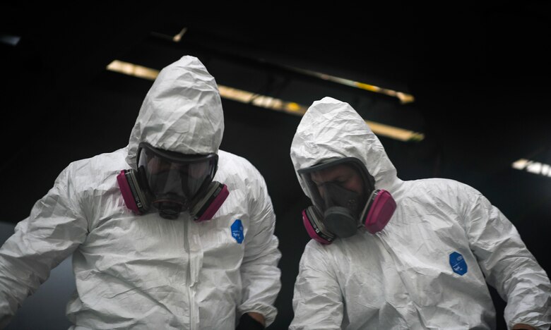 Airman 1st Class Austin Plaugher and Senior Airman Spencer Coole, aircraft structural maintenance technicians from the 437th Maintenance Squadron, prepare to apply the outer coating of aircraft paint to a C-17 Globemaster III July 2, 2019 at Joint Base Charleston, S.C. The technicians at JB Charleston maintain C-17s in support of maintaining a global reach airlift capability. Structural maintenance technicians advise on and maintain the structural and low observable repair, modification and corrosion protection treatment of various types of aircraft.
