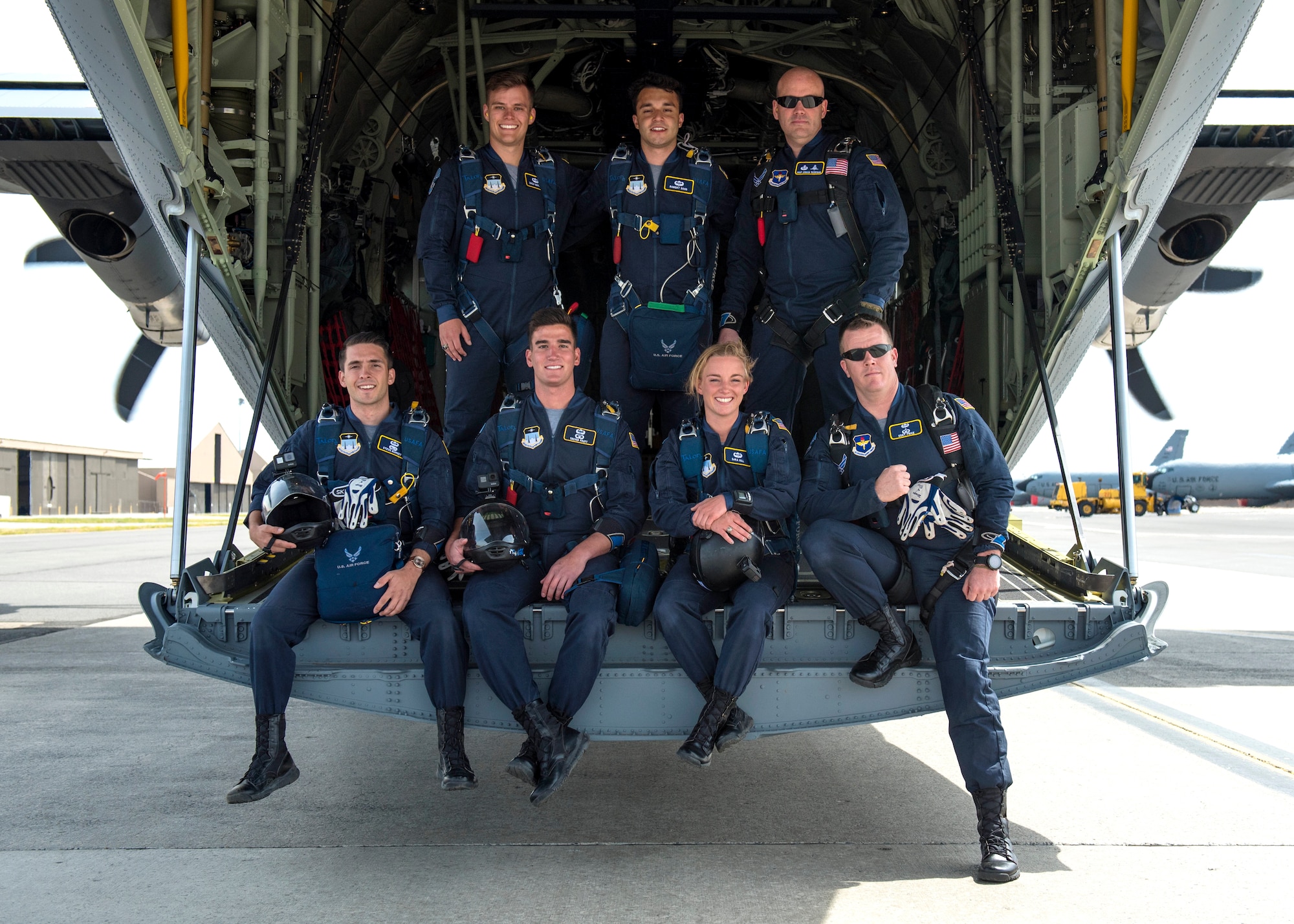 U.S. Air Force Academy Wings of Blue pose for a photo before jumping from 4,500 feet for the opening ceremony during the 2019 Skyfest Open House and Airshow at Fairchild Air Force Base, Washington, June 22, 2019. Skyfest 2019 offered a unique view of Team Fairchild’s role in enabling Rapid Global Mobility for the U.S. Air Force. The show featured more than 13 aerial acts and 16 static display aircraft, as well as other attractions and displays.  (U.S. Air Force photo by Airman 1st Class Whitney Laine)