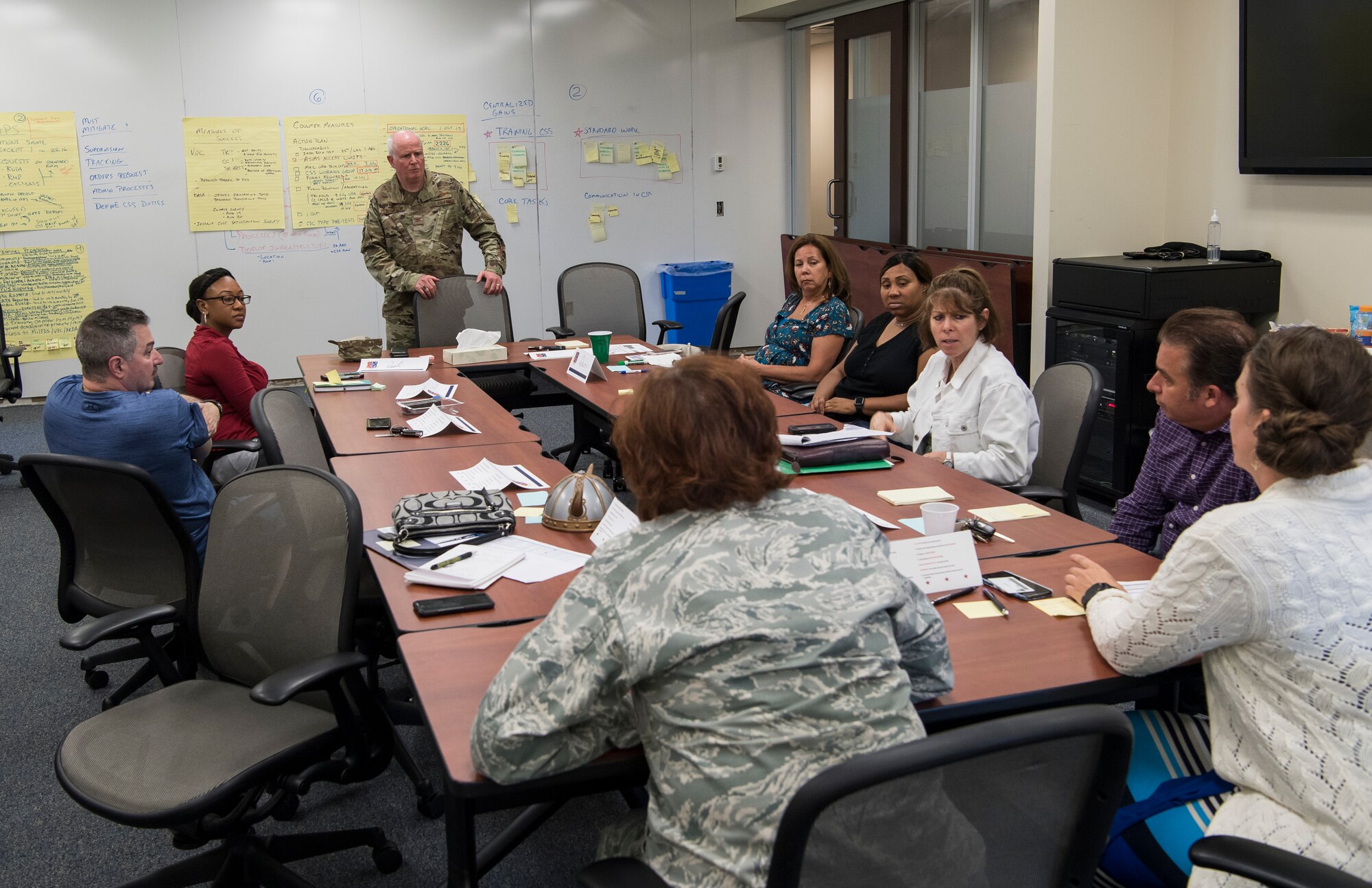 The Process Improvement Event team poses with Col. Thomas Pemberton, 514th Air Mobility Wing commander at the end of their four day event July 27. The team was comprised of subject matter experts from across the wing who worked to standardize and streamline the workflow of the Commander Support Staff.