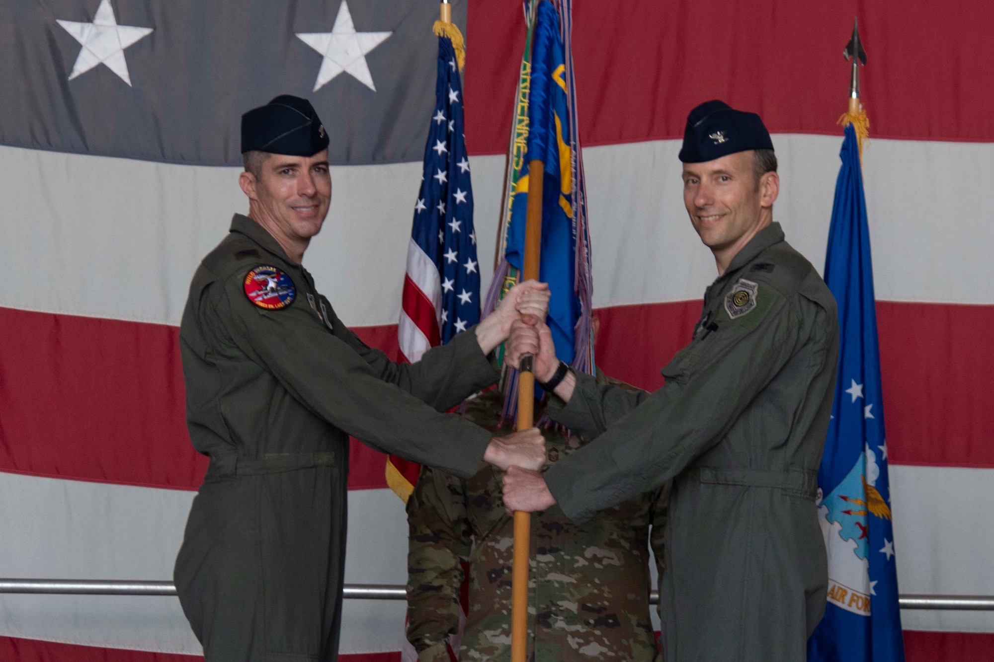 Col. Derek O’Malley, 20th Fighter Wing commander, presided over the ceremony during which Col. Robert Raymond, 20th Operations Group commander, assumed command. (U.S. Air Force photo by Staff Sgt. William Banton)