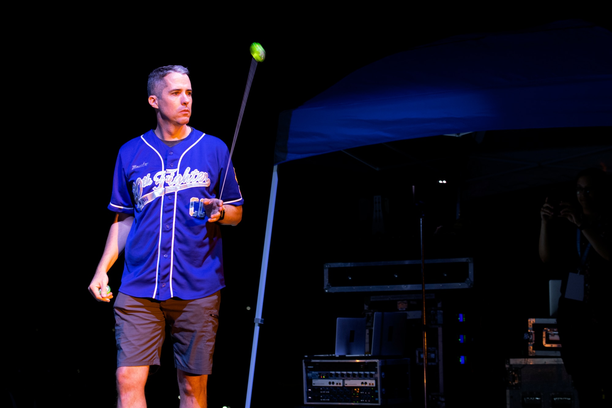 U.S. Air Force Col. Derek O’Malley, 20th Fighter Wing commander, performs on stage during the 20th Force Support Squadron’s annual Freedom Bash at Shaw Air Force Base, South Carolina, June 29, 2019.