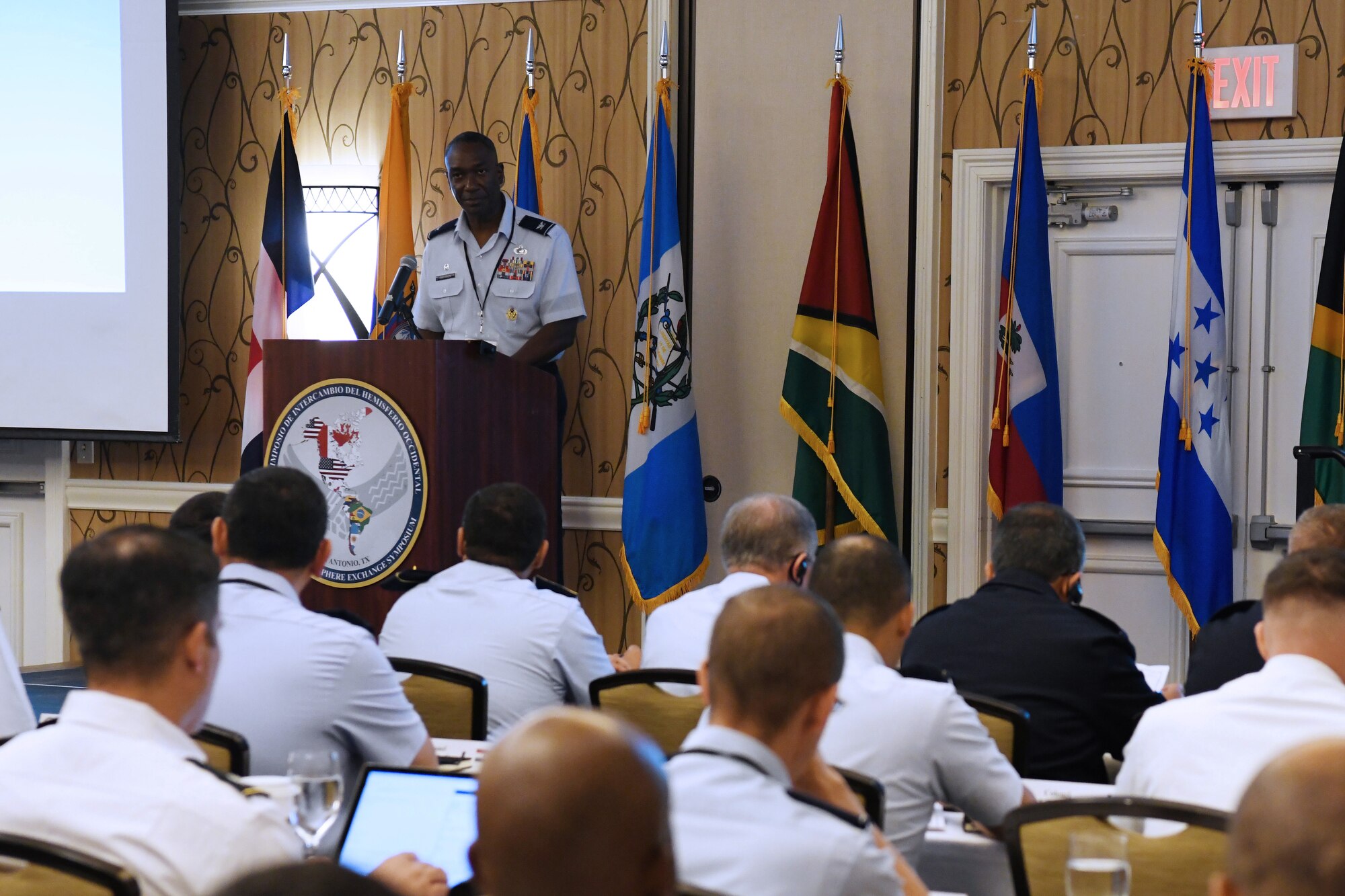 Col. Isaac Davidson, Inter-American Air Forces Academy commandant, welcomed foreign mission partners to the 4th annual Western Hemisphere Exchange Symposium May 19 at San Antonio, Texas.