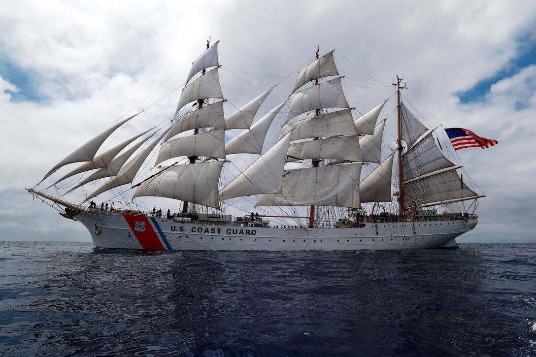 A ship sailing through water.