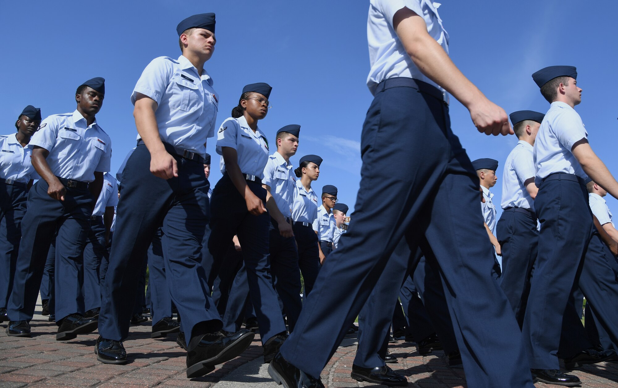 Airmen from the 81st Training Group march during the 81st TRG change of command ceremony on the Levitow Training Support Facility drill pad at Keesler Air Force Base, Mississippi, July 1, 2019. U.S. Air Force Col. Chance Geray, incoming 81st TRG commander, assumed command from Col. Leo Lawson, Jr., outgoing 81st TRG commander. (U.S. Air Force photo by Kemberly Groue)