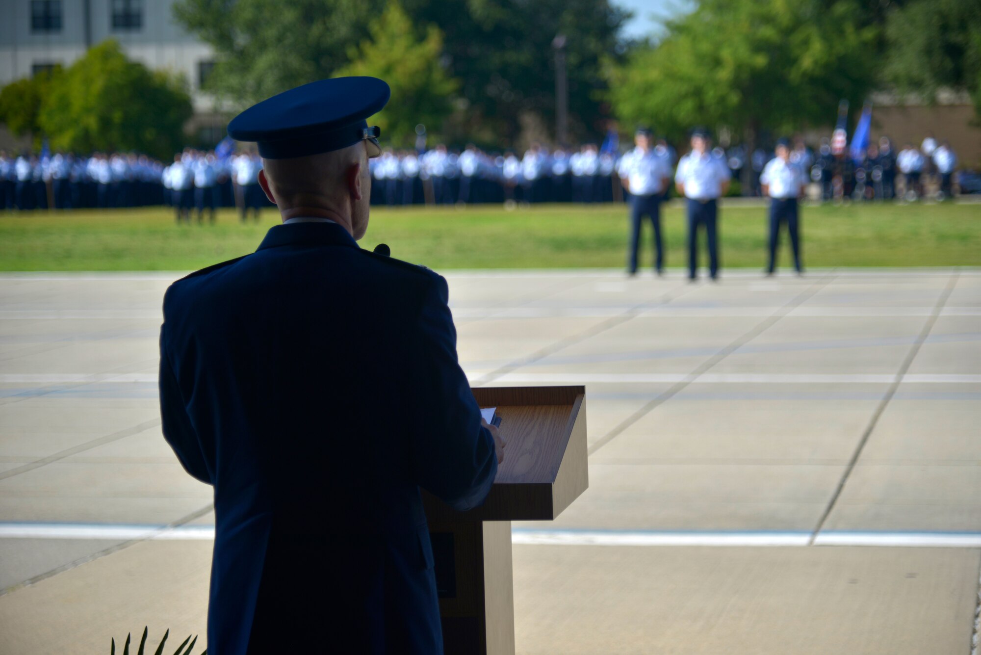U.S. Air Force Col. Chance Geray, 81st Training Group commander, addresses his new command during the 81st TRG change of command ceremony on the Levitow Training Support Facility drill pad at Keesler Air Force Base, Mississippi, July 1, 2019. Geray assumed command from Col. Leo Lawson Jr., outgoing 81st TRG commander. (U.S. Air Force photo by Airman Seth Haddix)