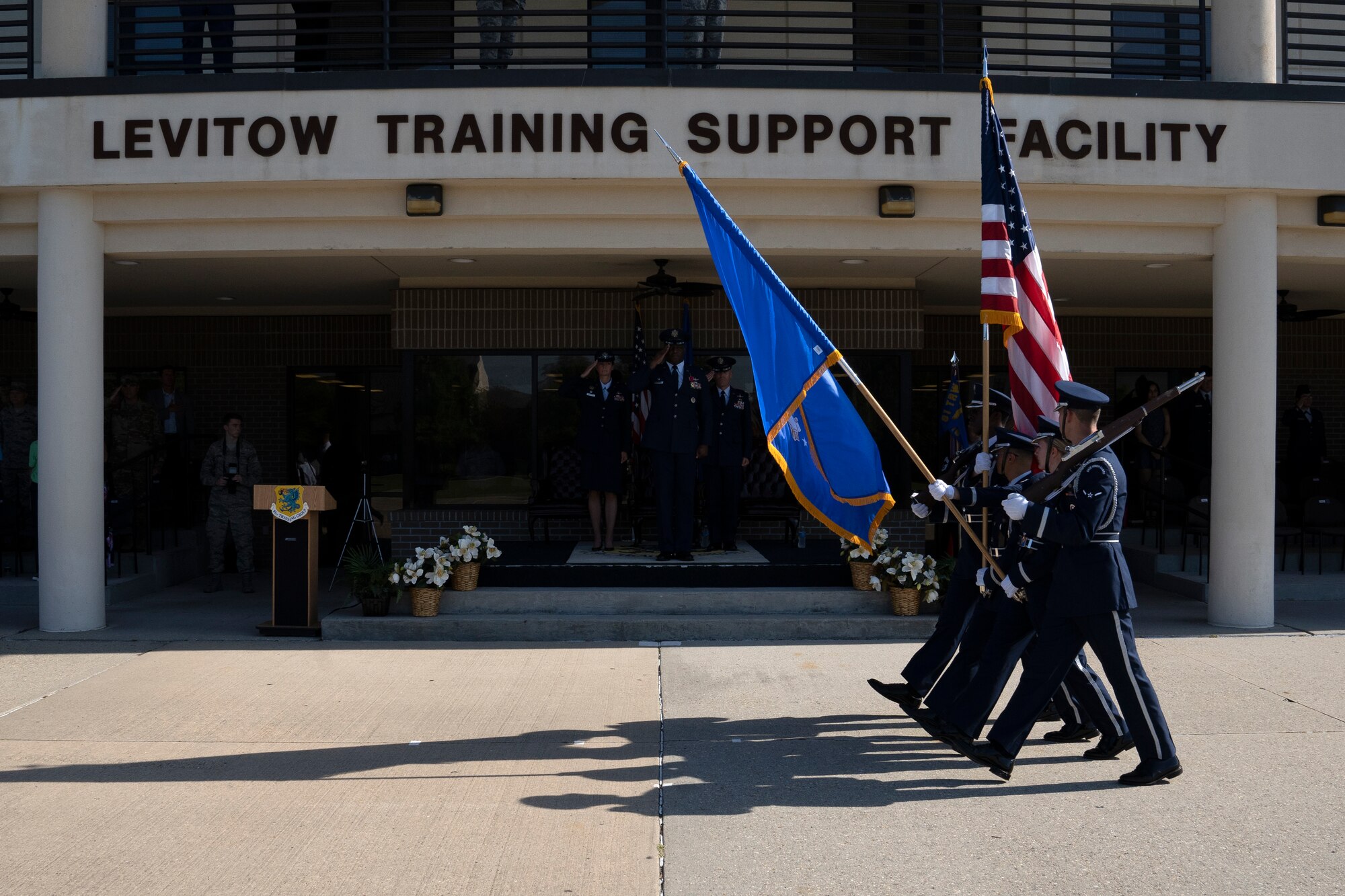 U.S Air Force Col. Leo Lawson, Jr., outgoing 81st Training Group commander, salutes the flag after relinquishing command during the 81st TRG change of command ceremony at the Levitow Training Support Facility drill pad on Keesler Air Force Base, Mississippi, July 1, 2019. The ceremony is a symbol of command being exchanged from one commander to the next by the handing-off of a ceremonial guidon. (U.S. Air Force photo by Airman 1st Class Kimberly L. Mueller)