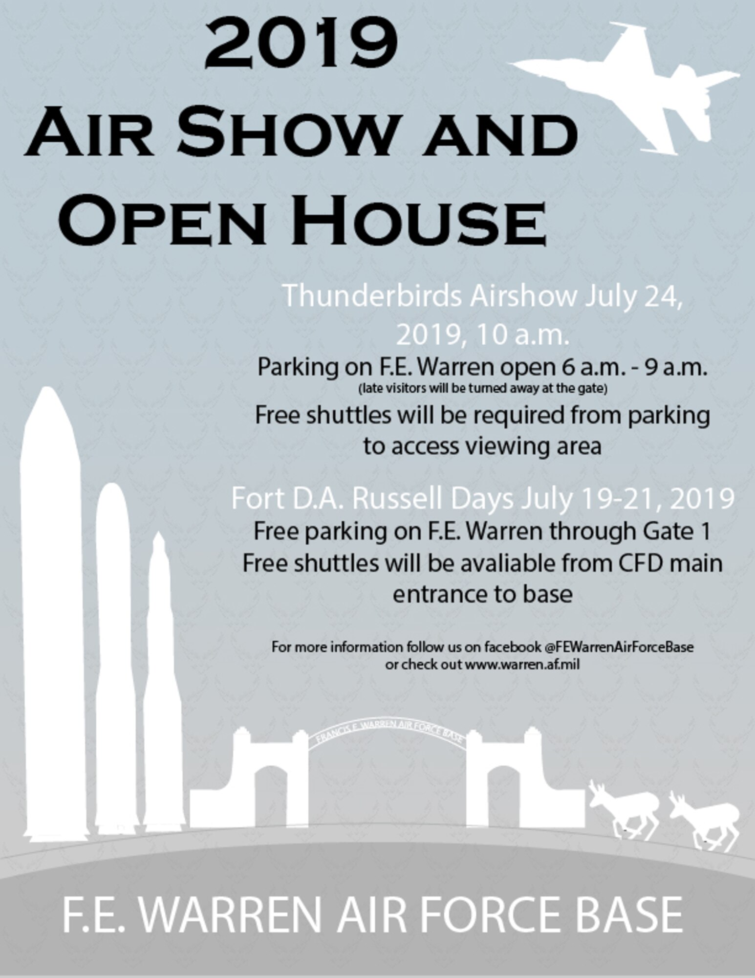 The 2019 Air Show and Open House graphic created July 7, 2019 on F.E. Warren Air Force Base, Wyo., to notify public of changes for the upcoming events. For the first time in 25 years, the U.S. Air Force Thunderbirds are returning to the skies over F.E. Warren, Air Force Base. (U.S. Air Force graphic by Senior Airman Abbigayle Williams)