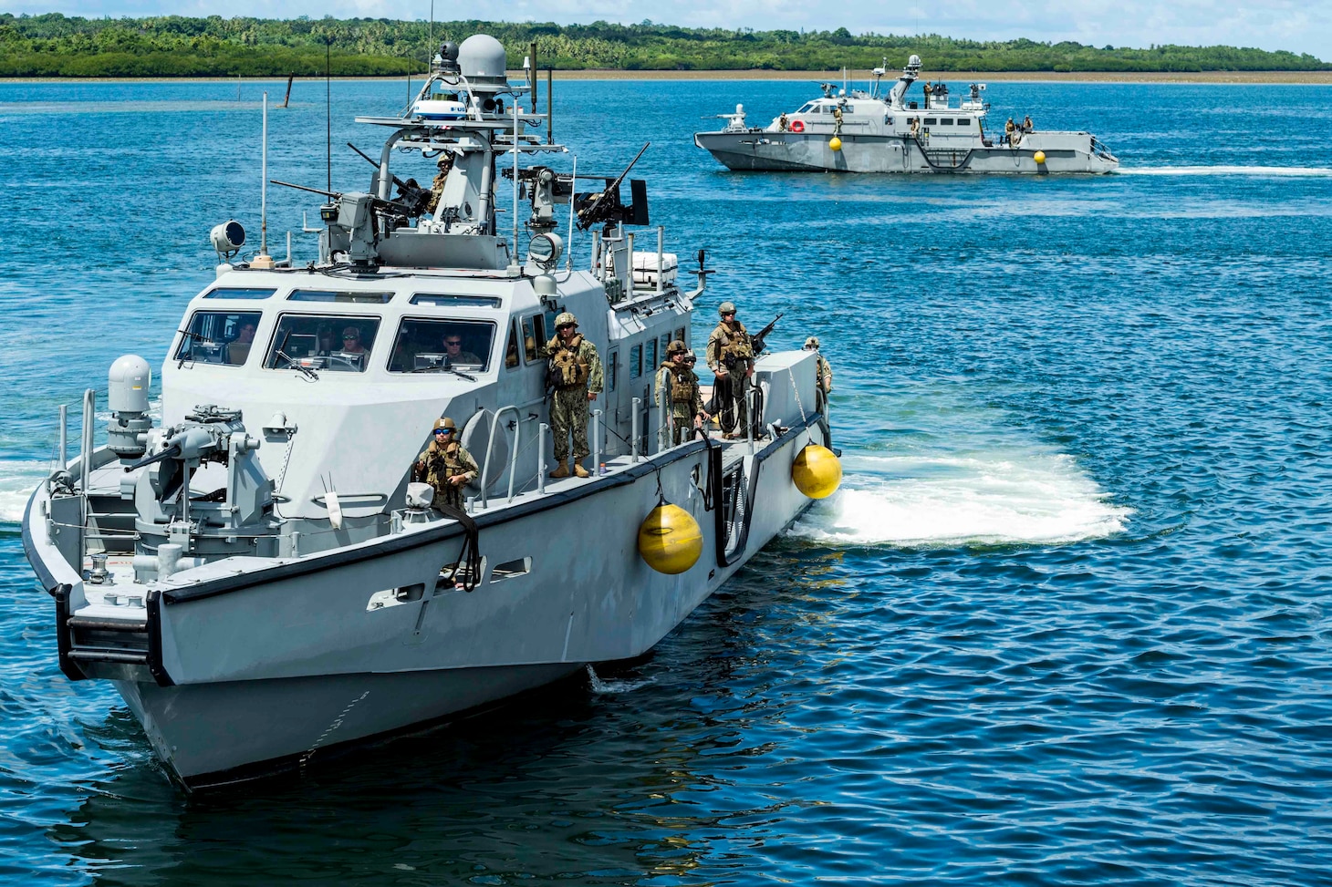 COLONIA, Yap (July 3, 2019) Mark VI patrol boats, assigned to Coastal Riverine Squadron (CRS) 2, Coastal Riverine Group 1, Det. Guam, arrive to Colonia, Yap. CRG 1, Det. Guam's visit to Yap, and engagement with the People of Federated States of Micronesia underscores the U.S. Navy's commitment to partners in the region. The Mark VI patrol boat is an integral part of the expeditionary forces support to 7th Fleet, capability of supporting myriad of missions throughout the Indo-Pacific.