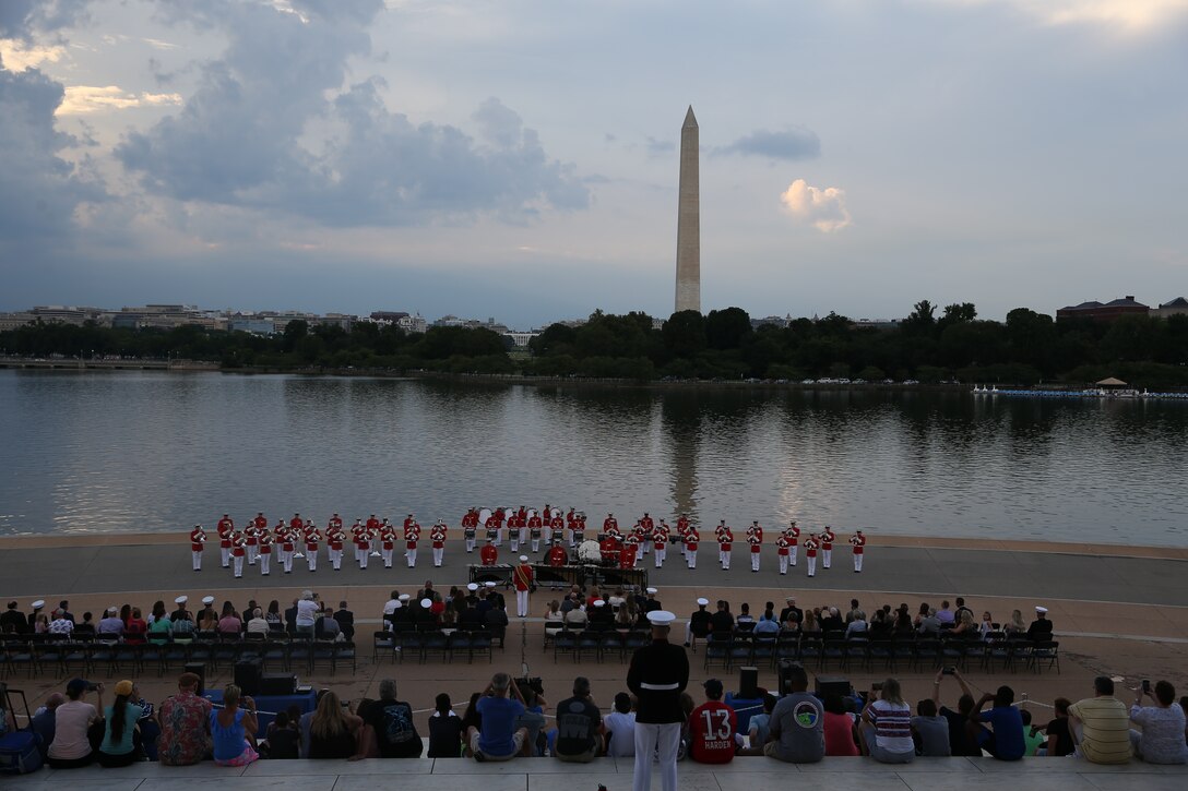 Marines with “The Commandant’s Own,” U.S. Drum and Bugle Corps perform a musical ballad during a Tuesday Sunset Parade at the Thomas Jefferson Memorial, Washington, D.C., July 2, 2019. The hosting official for the evening was Brigadier Gen. Lorna Mahlock, director, Command, Control, Communications and Computers, and the guest of honor was Ms. Sheila Casey, chief operating officer for the Hill and Chair of the Board of Directors for Blue Star Families. (U.S. Marine Corps photo by Sgt. Robert Knapp/Released)