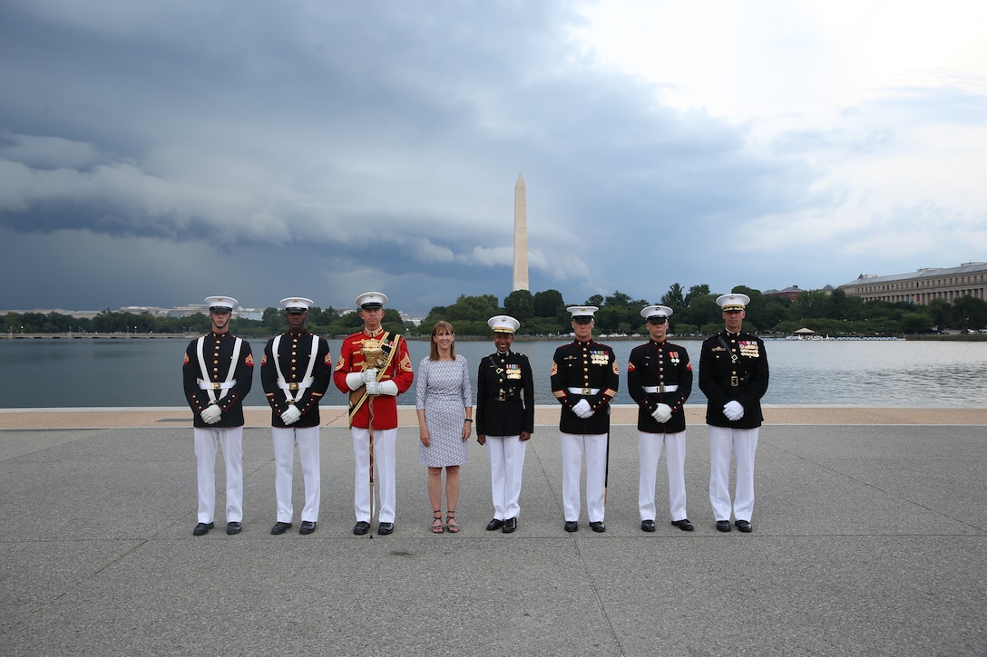 The official party and key leaders of the parade staff pose for a photo at the conclusion of a Tuesday Sunset Parade at the Thomas Jefferson Memorial, July 2, 2019. The hosting official for the evening was Brigadier Gen. Lorna Mahlock, director, Command, Control, Communications and Computers, and the guest of honor was Ms. Sheila Casey, chief operating officer for the Hill and Chair of the Board of Directors for Blue Star Families. (U.S. Marine Corps photo by Sgt. Robert Knapp/Released)