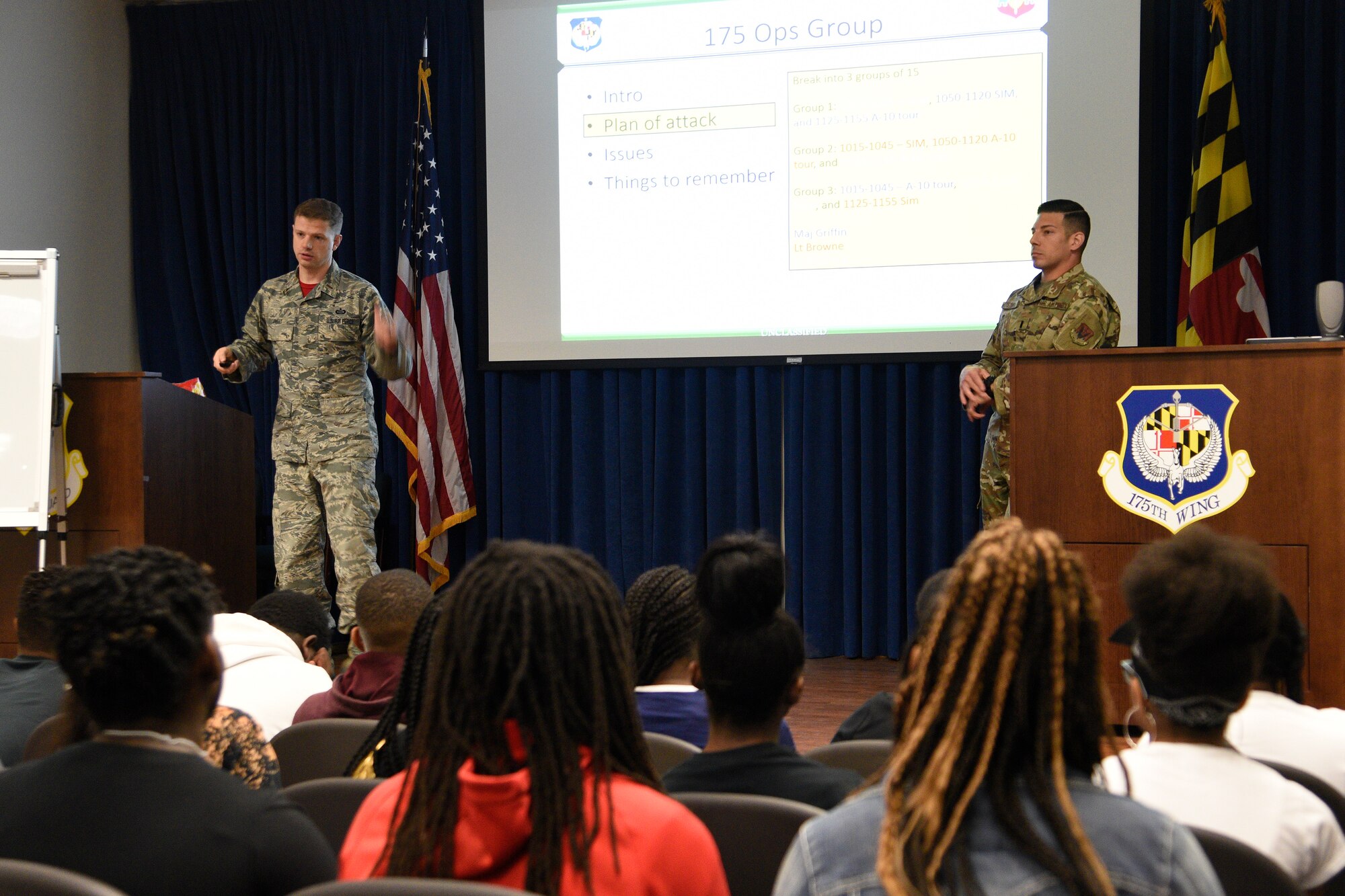 Members of the 175th Wing, Maryland Air National Guard, hosted a group students from the Baltimore City Department of Recreation and Parks Science, Technology, Engineering and Math program, July 3, 2019, at Martin State Airport, Middle River, Md. The program is designed to build on the students’ interest and knowledge in the STEM arena as they prepare for college or careers after high school. (U.S. Air National Guard photo by Staff Sgt. Enjoli Saunders)