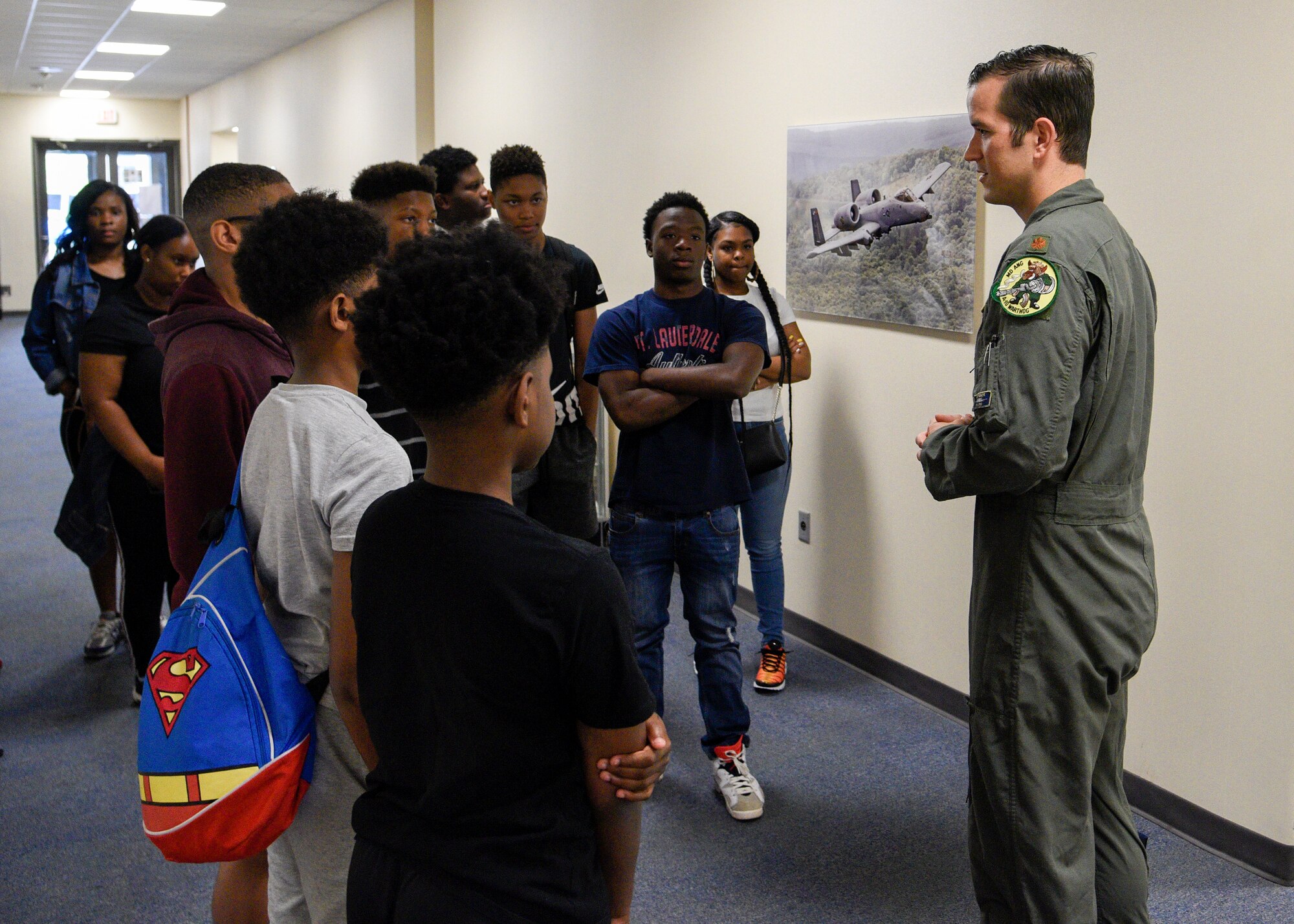 Members of the 175th Wing, Maryland Air National Guard, hosted a group students from the Baltimore City Department of Recreation and Parks Science, Technology, Engineering and Math program, July 3, 2019, at Martin State Airport, Middle River, Md. Students from schools across Baltimore City had the opportunity to ask questions and interact with personnel from the 104th Fighter Squadron, 175th Aircraft Maintenance Squadron and 135th Intelligence Squadron. (U.S. Air National Guard photo by Staff Sgt. Enjoli Saunders)
