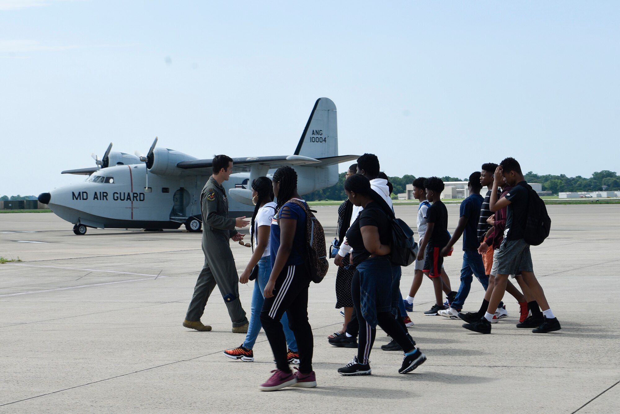 Members of the 175th Wing, Maryland Air National Guard, hosted a group students from the Baltimore City Department of Recreation and Parks Science, Technology, Engineering and Math program, July 3, 2019, at Martin State Airport, Middle River, Md. Students from schools across Baltimore City had the opportunity to ask questions and interact with personnel from the 104th Fighter Squadron, 175th Aircraft Maintenance Squadron and 135th Intelligence Squadron. (U.S. Air National Guard photo by Staff Sgt. Enjoli Saunders)