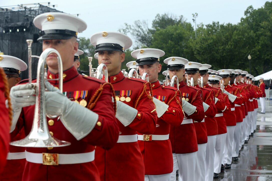 Marines with “The Commandant’s Own” U.S. Drum and Bugle Corps march off the deck at the Lincoln Memorial, Washington, D.C., July 4, 2019. The Honorable President Donald J. Trump hosted the “Salute to America” event, which was held to honor all service members past and present. The celebration showcased America’s military with music, military demonstrations and flyovers. (U.S. Marine Corps photo by Pfc. Allen Sanders)