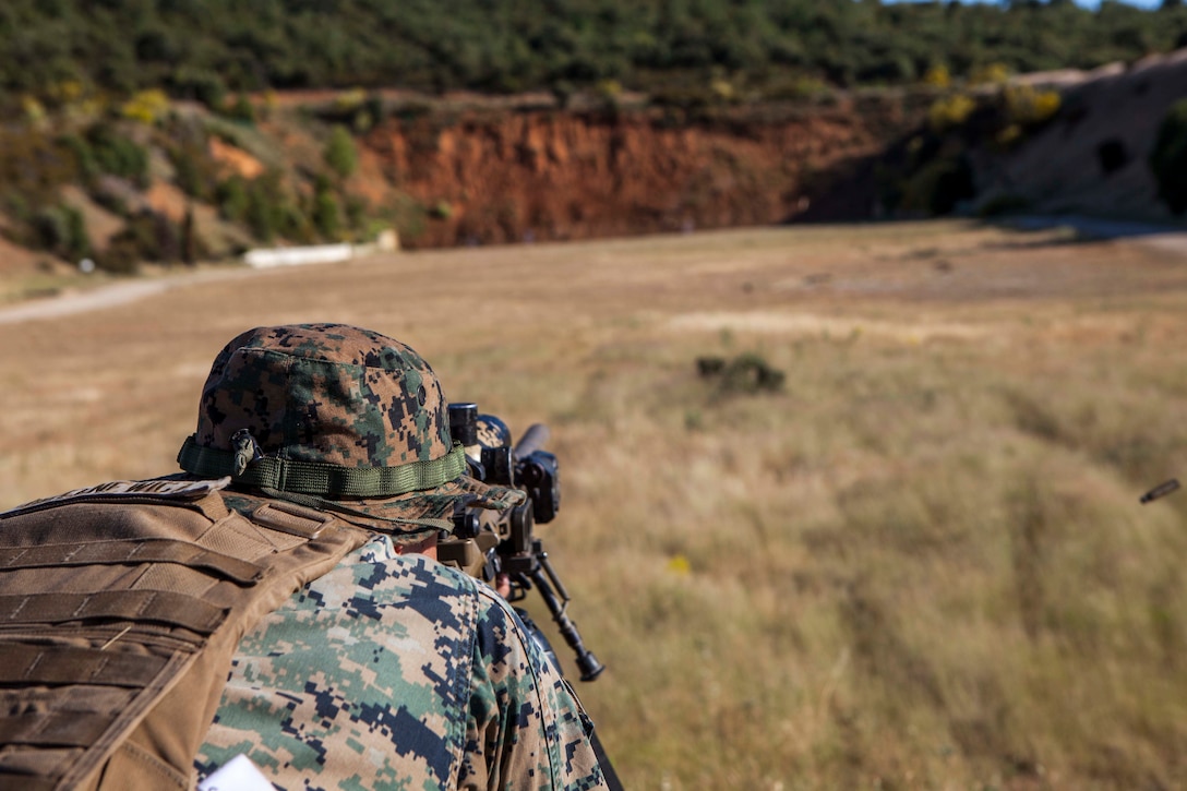A U.S. Marine with Special Purpose Marine Air-Ground Task Force-Crisis Response-Africa 19.2, Marine Forces Europe and Africa, fires his M110 semi-automatic sniper system during a stress shoot for exercise Long Precision 2019 in Uceda, Spain, June 10, 2019. U.S. Marine Corps snipers trained alongside snipers from Spain, Italy, France, and the U.S. Army’s 173rd Airborne Brigade during Long Precision to increase their proficiency and multilateral interoperability. (U.S. Marine Corps photo by Capt. Clay Groover)